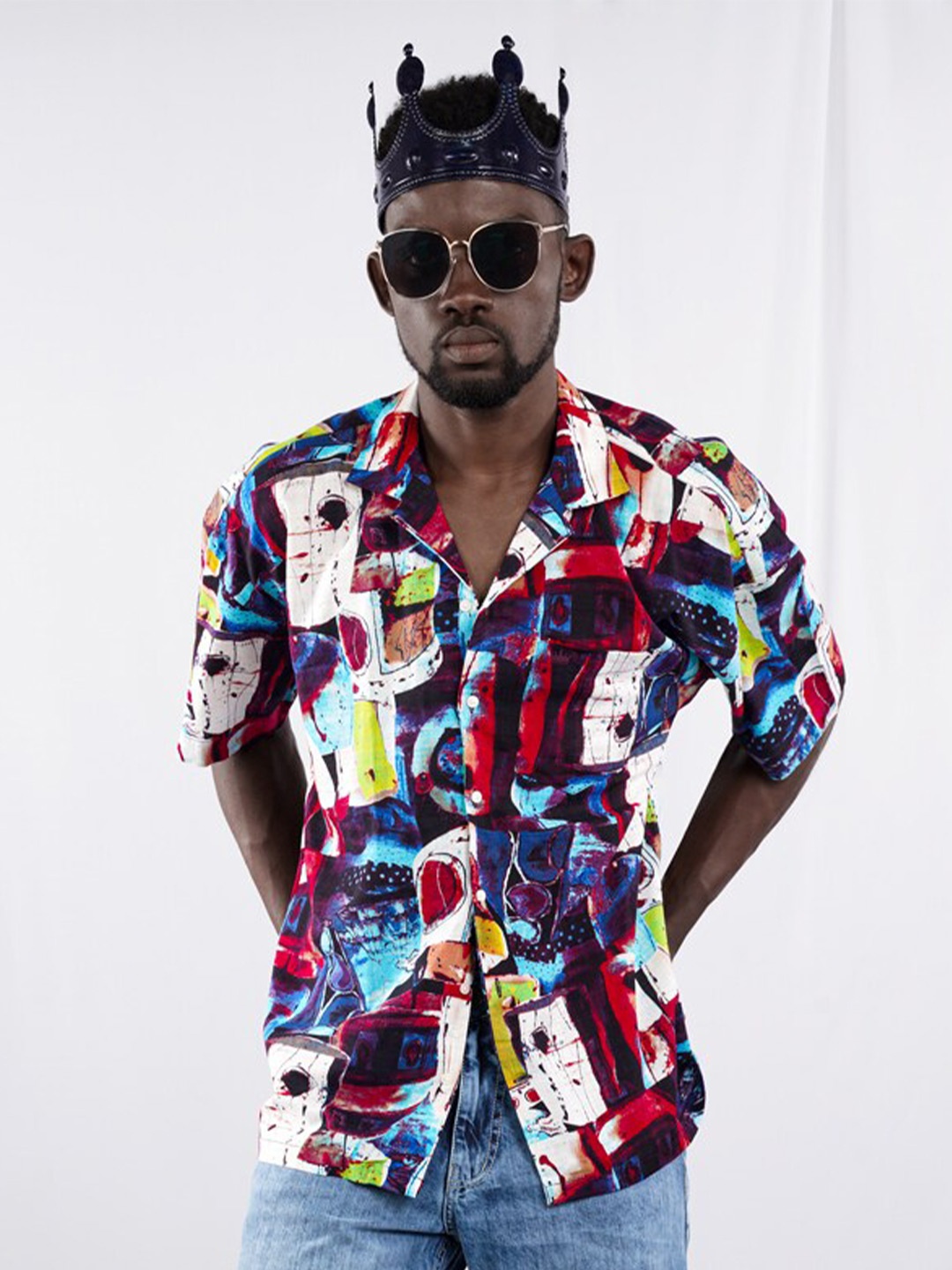 

FRENCH CROWN Standard Abstract Printed Cuban Collat Twill Cotton Casual Shirt, Red