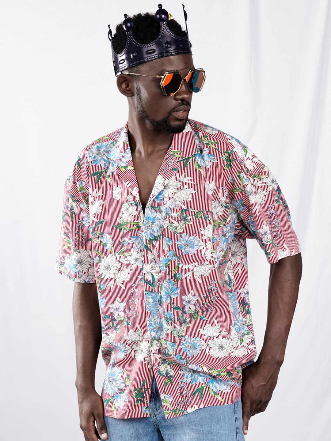 

FRENCH CROWN Standard Floral Printed Twill Cotton Oversized Casual Shirt, Red
