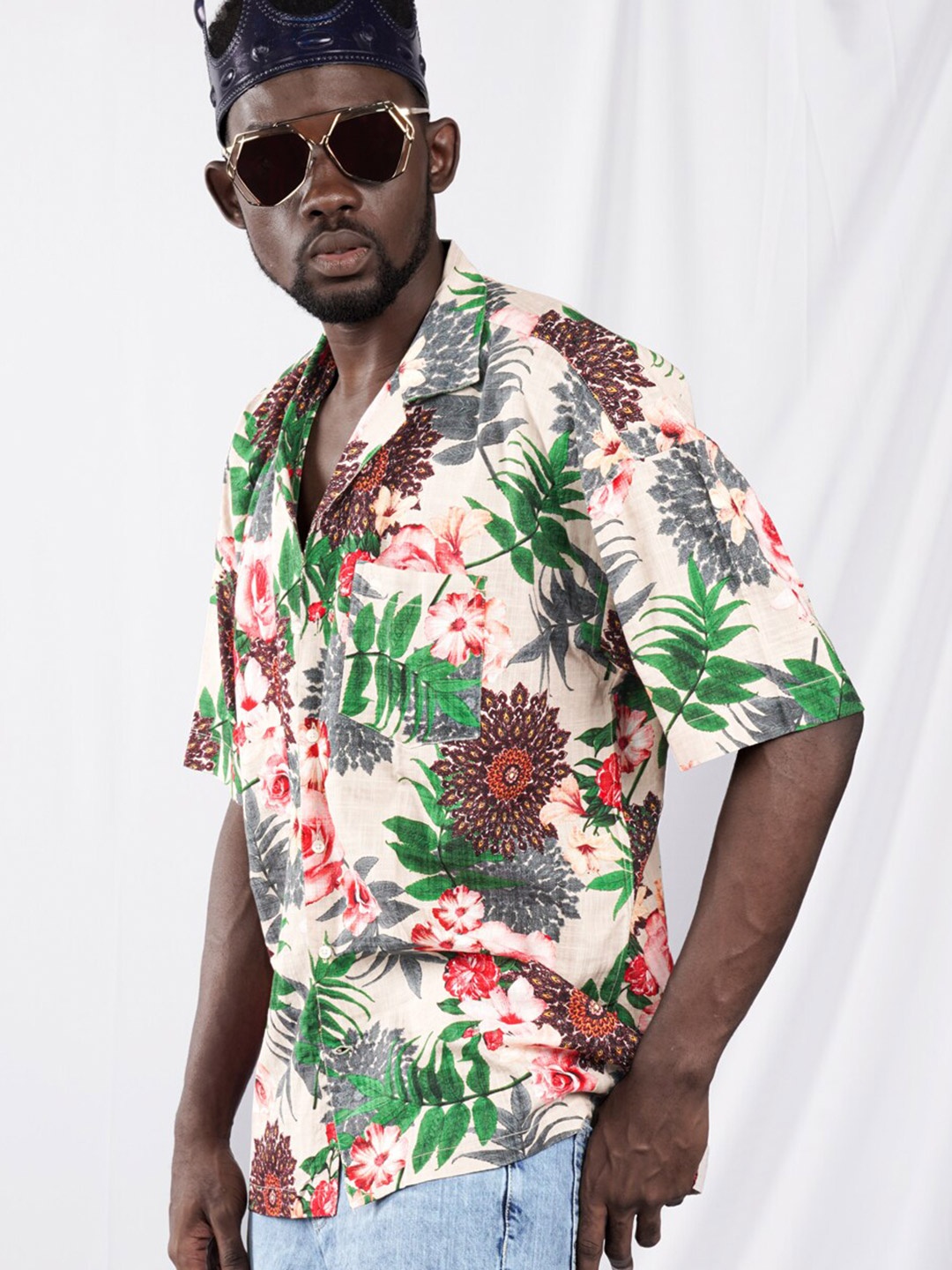 

FRENCH CROWN Standard Floral Printed Cuban Collar Twill Cotton Casual Shirt, Cream