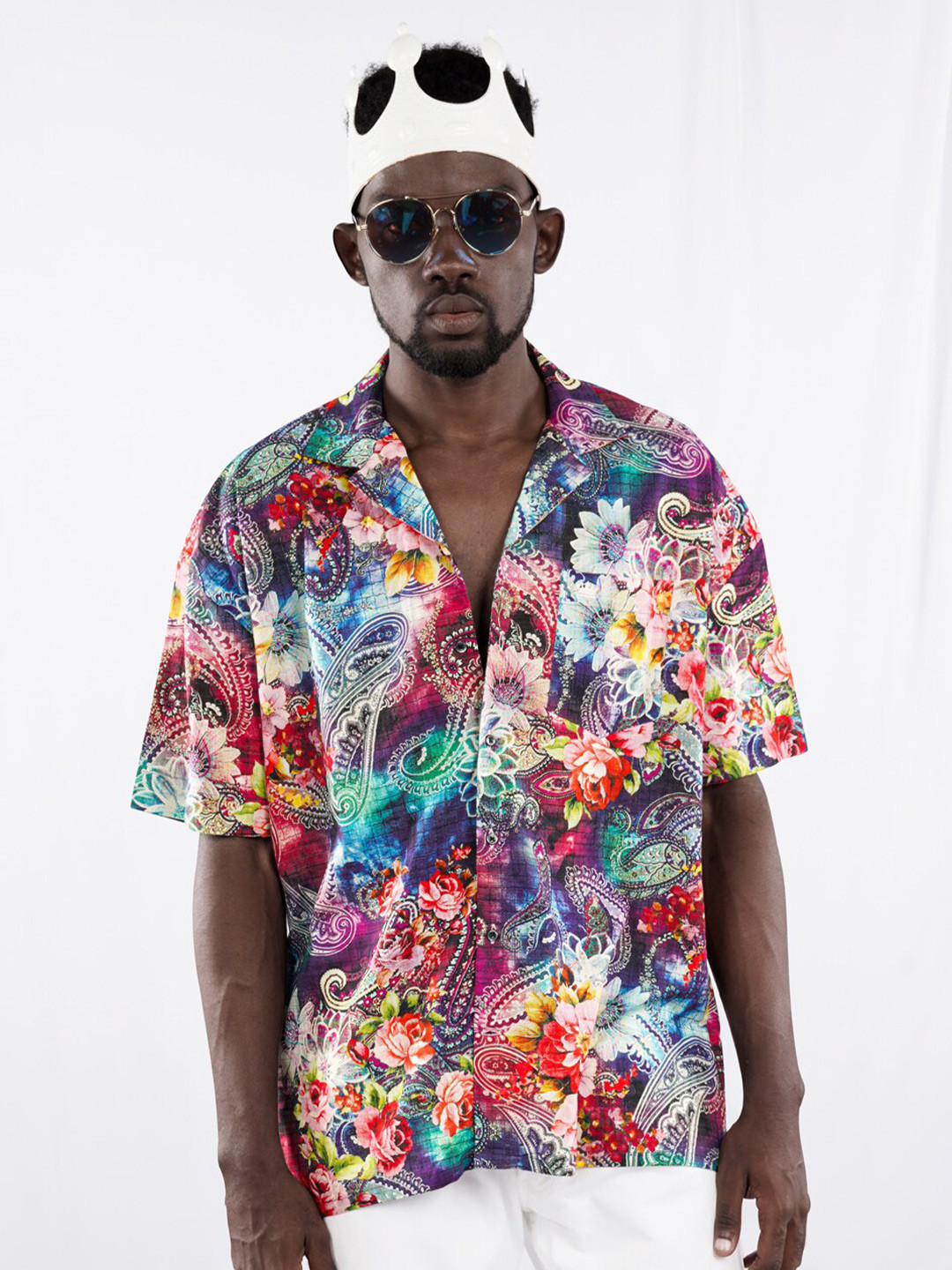 

FRENCH CROWN Standard Floral Printed Twill Cotton Oversized Casual Shirt, Blue
