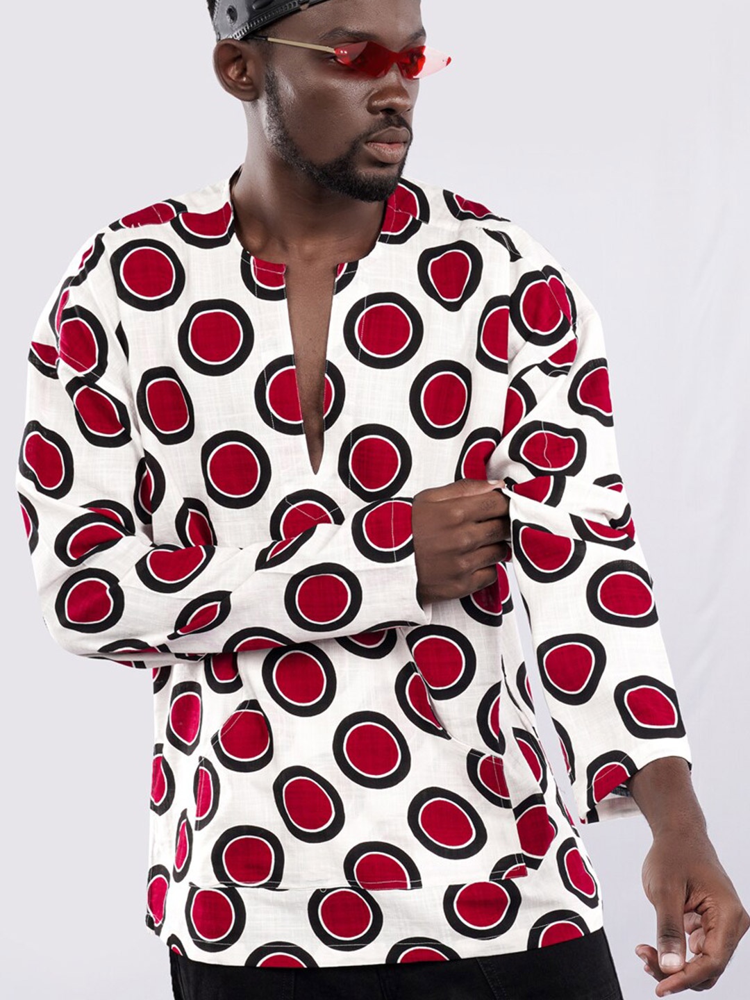 

FRENCH CROWN Standard Geometric Printed Collarless Cotton Casual Shirt, White