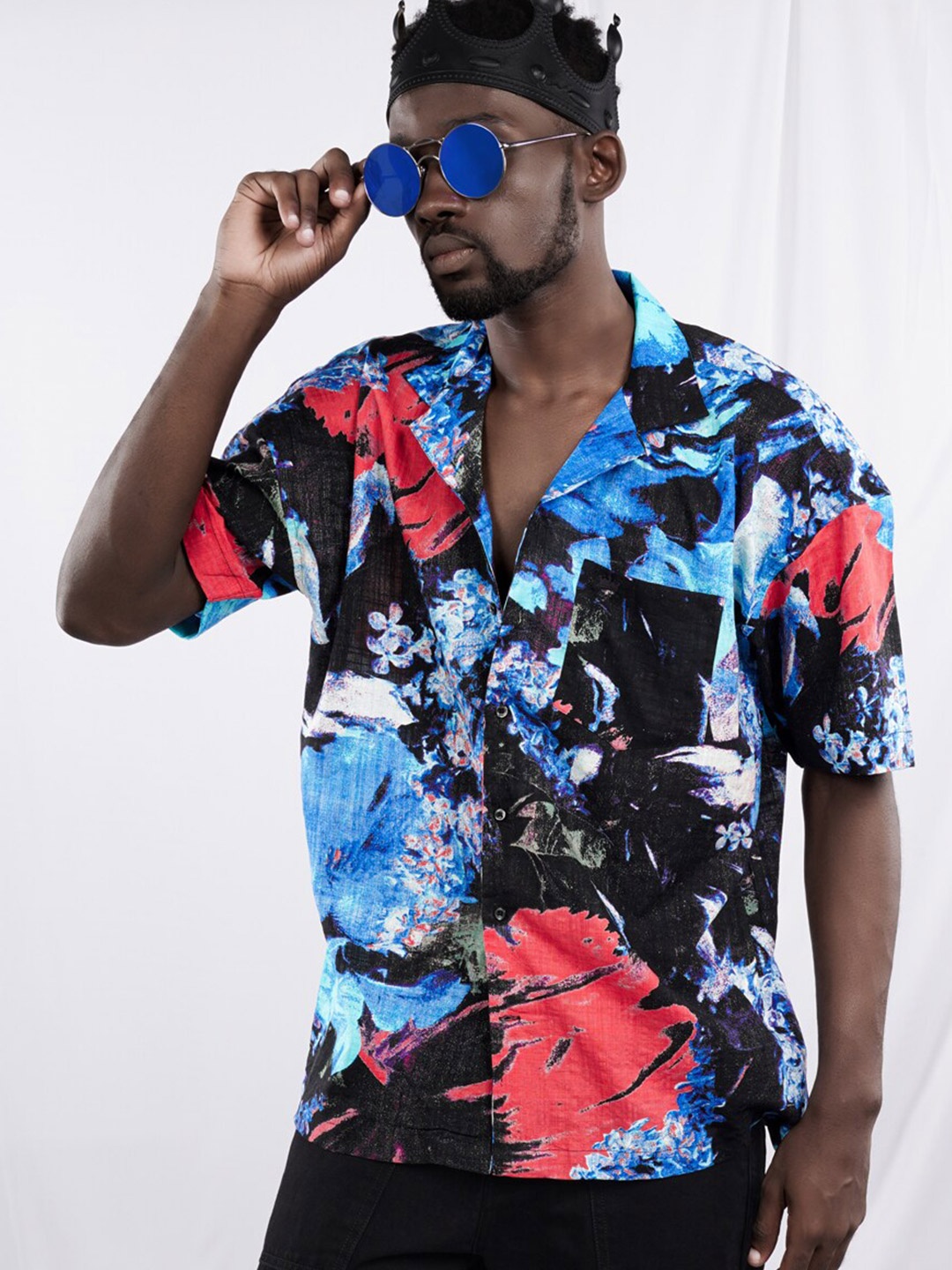 

FRENCH CROWN Standard Floral Opaque Printed Cotton Casual Shirt, Blue