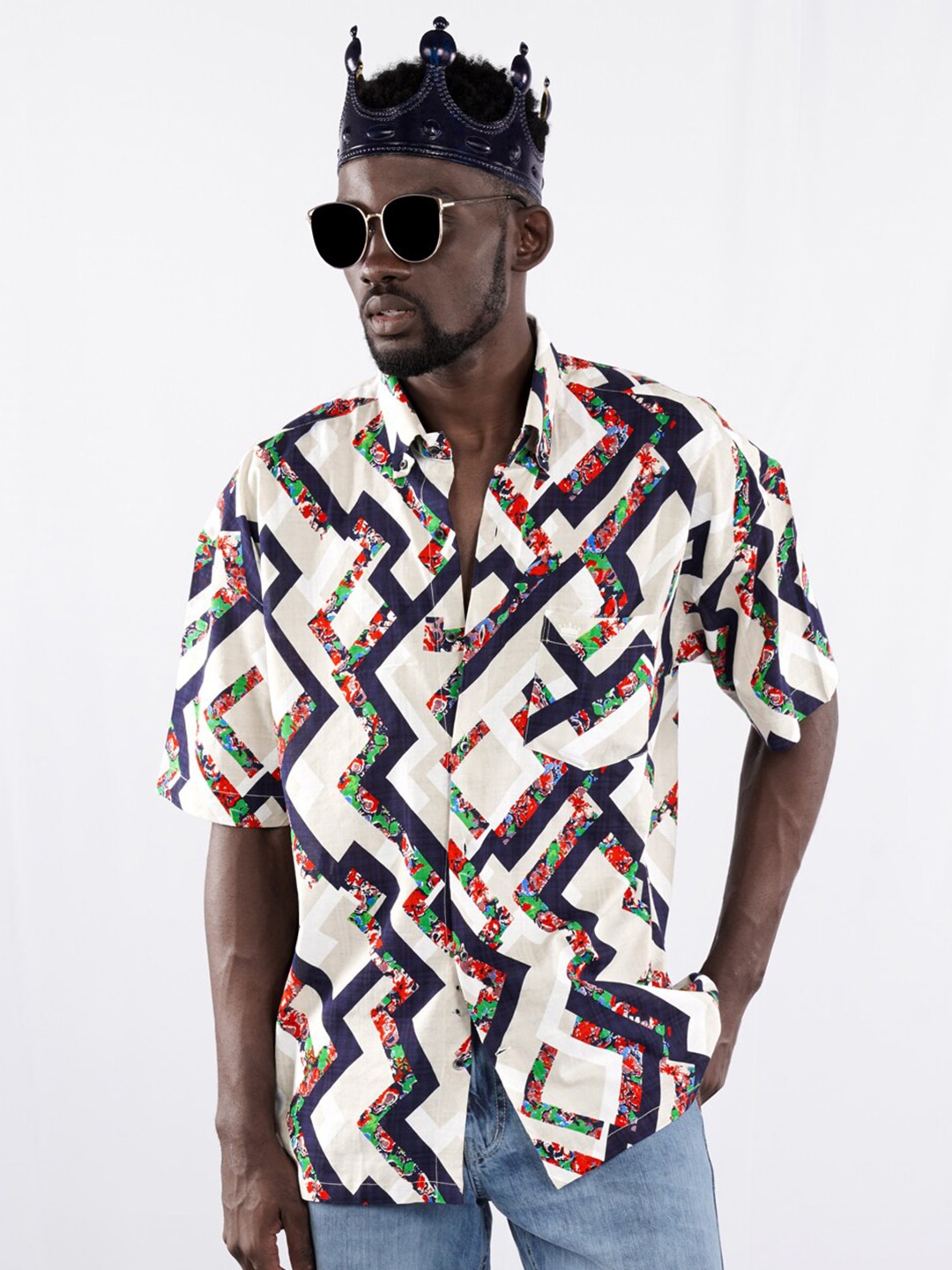 

FRENCH CROWN Standard Geometric Printed Button-Down Collar Twill Cotton Casual Shirt, Cream