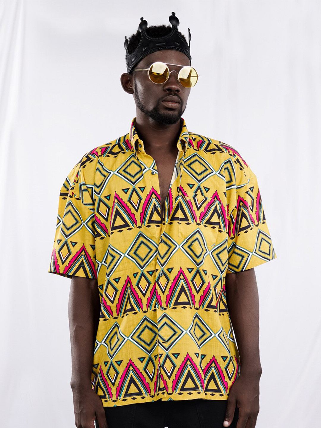 

FRENCH CROWN Standard Geometric Printed Twill Cotton Oversized Casual Shirt, Yellow