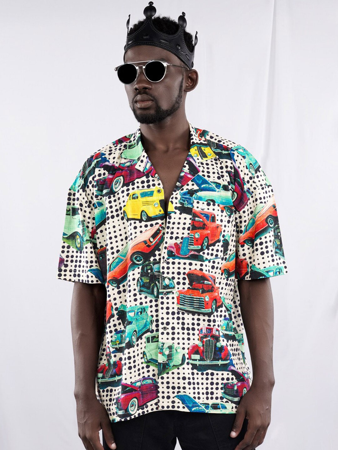 

FRENCH CROWN Standard Graphic Printed Twill Cotton Oversized Casual Shirt, Cream