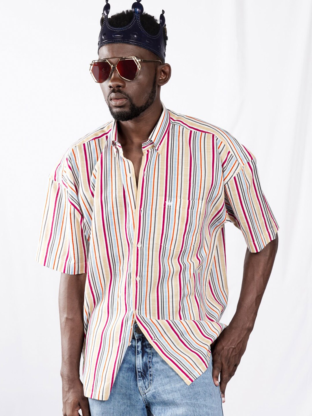 

FRENCH CROWN Standard Vertical Striped Twill Cotton Oversized Casual Shirt, Pink