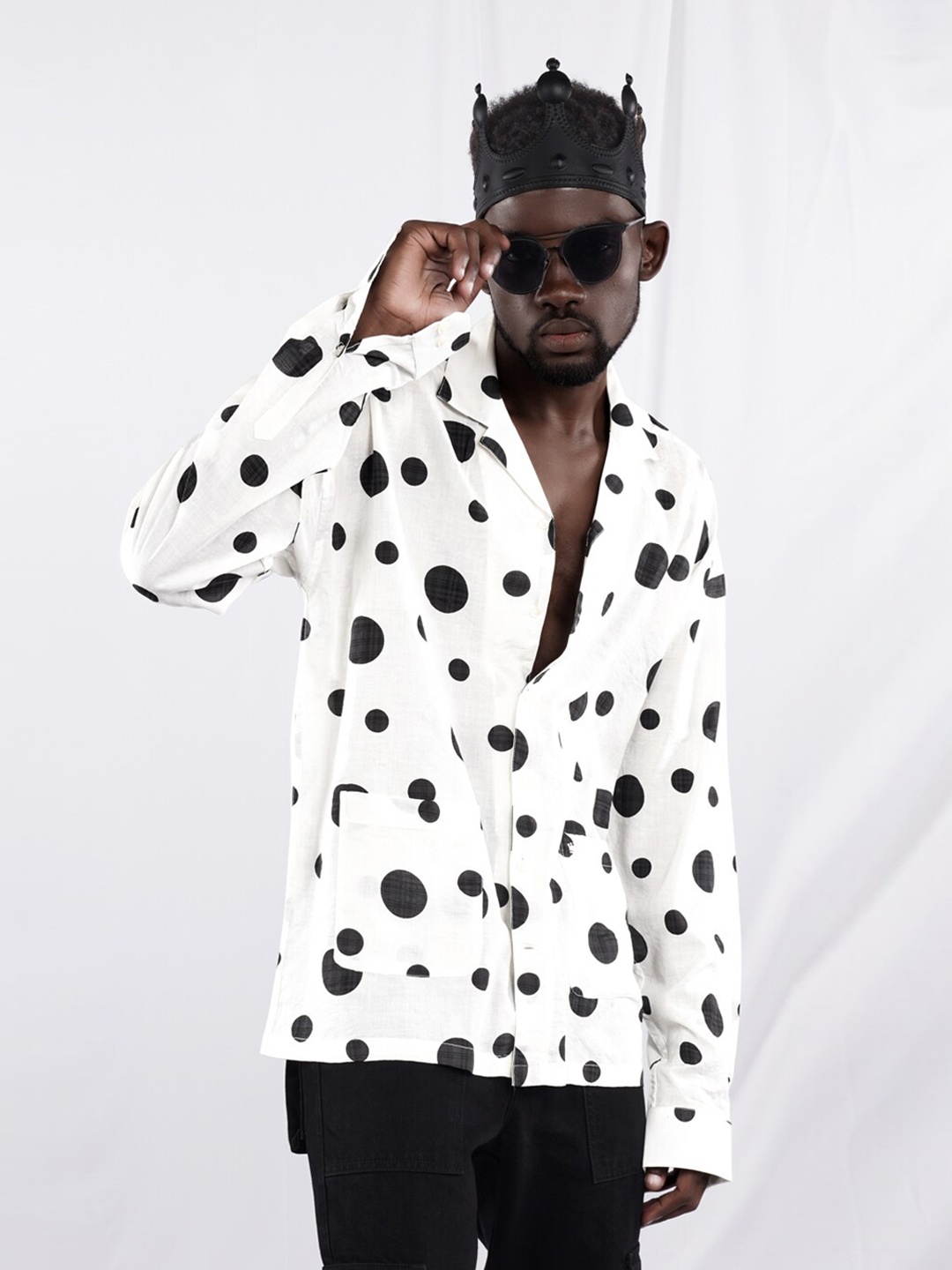 

FRENCH CROWN Standard Polka Dots Printed Twill Cotton Oversized Casual Shirt, White