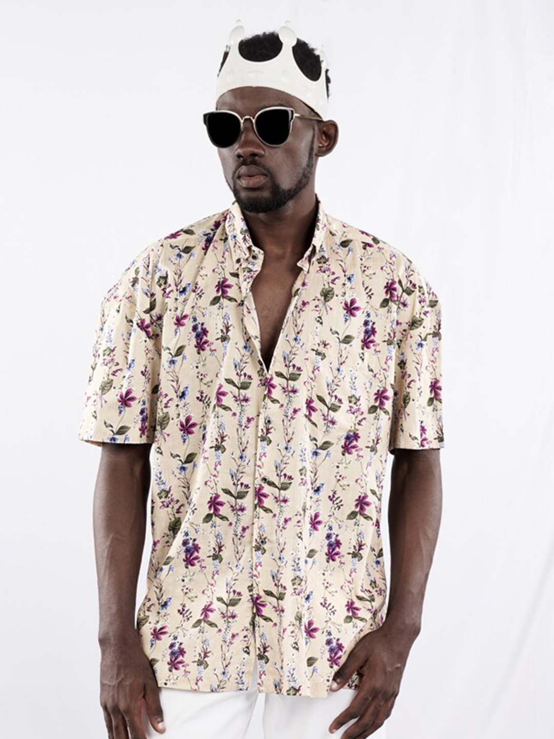 

FRENCH CROWN Standard Floral Printed Button-Down Collar Twill Cotton Casual Shirt, Cream