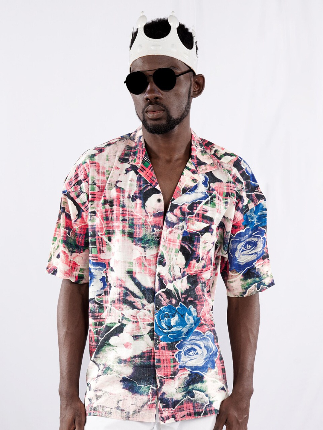 

FRENCH CROWN Standard Floral Printed Twill Cotton Oversized Casual Shirt, White