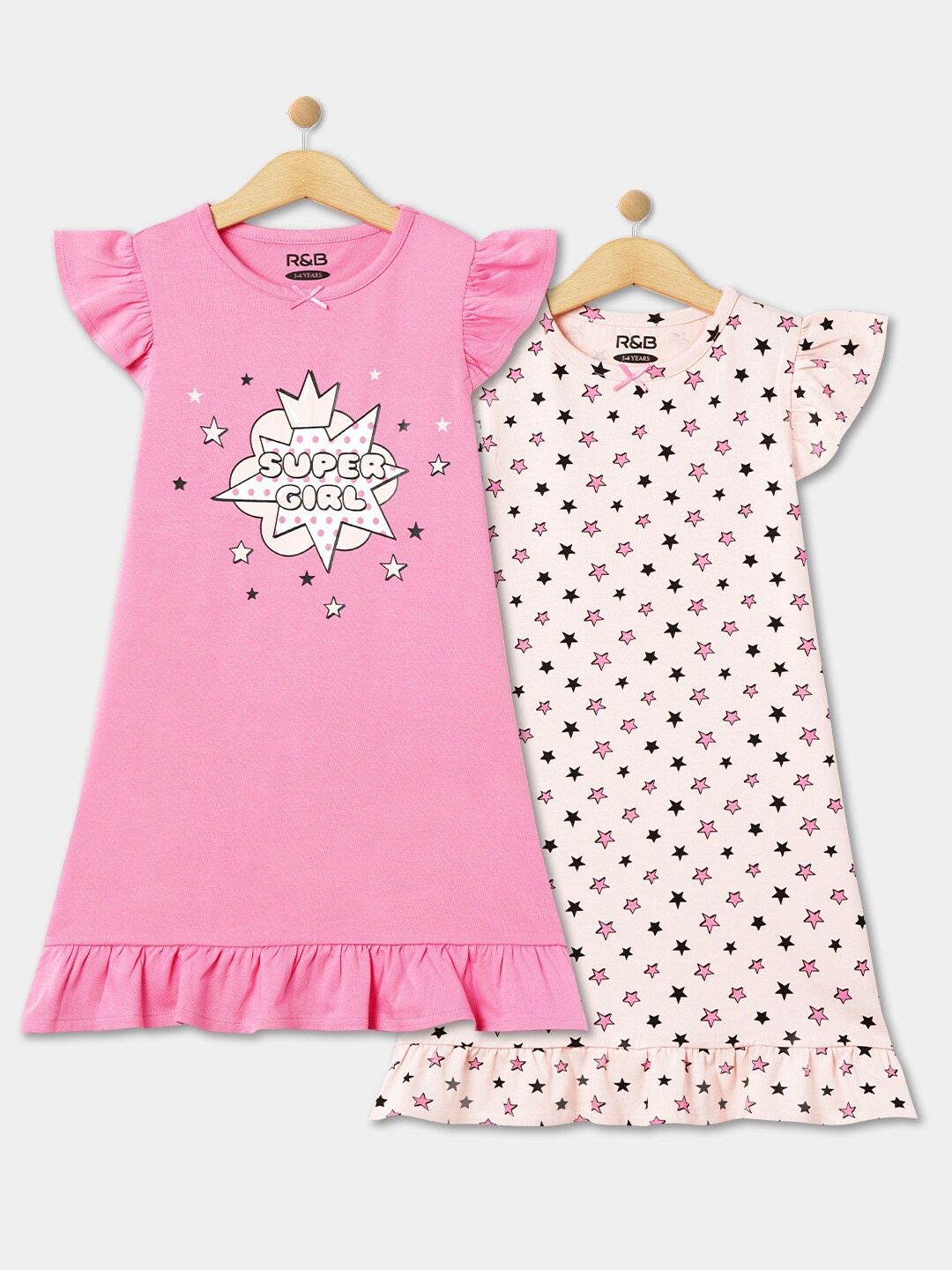 

R&B Girls Pack Of 2 Printed Pure Cotton Nightdress, Pink