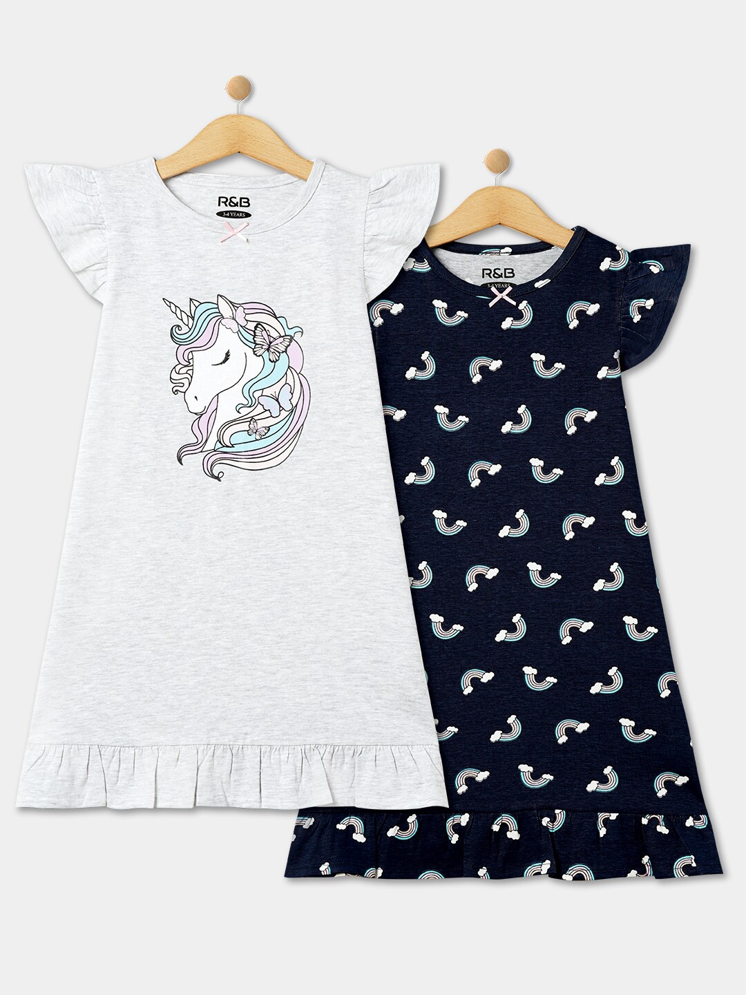 

R&B Girls Pack Of 2 Printed Ruffled Pure Cotton T-Shirt Nightdresses, White