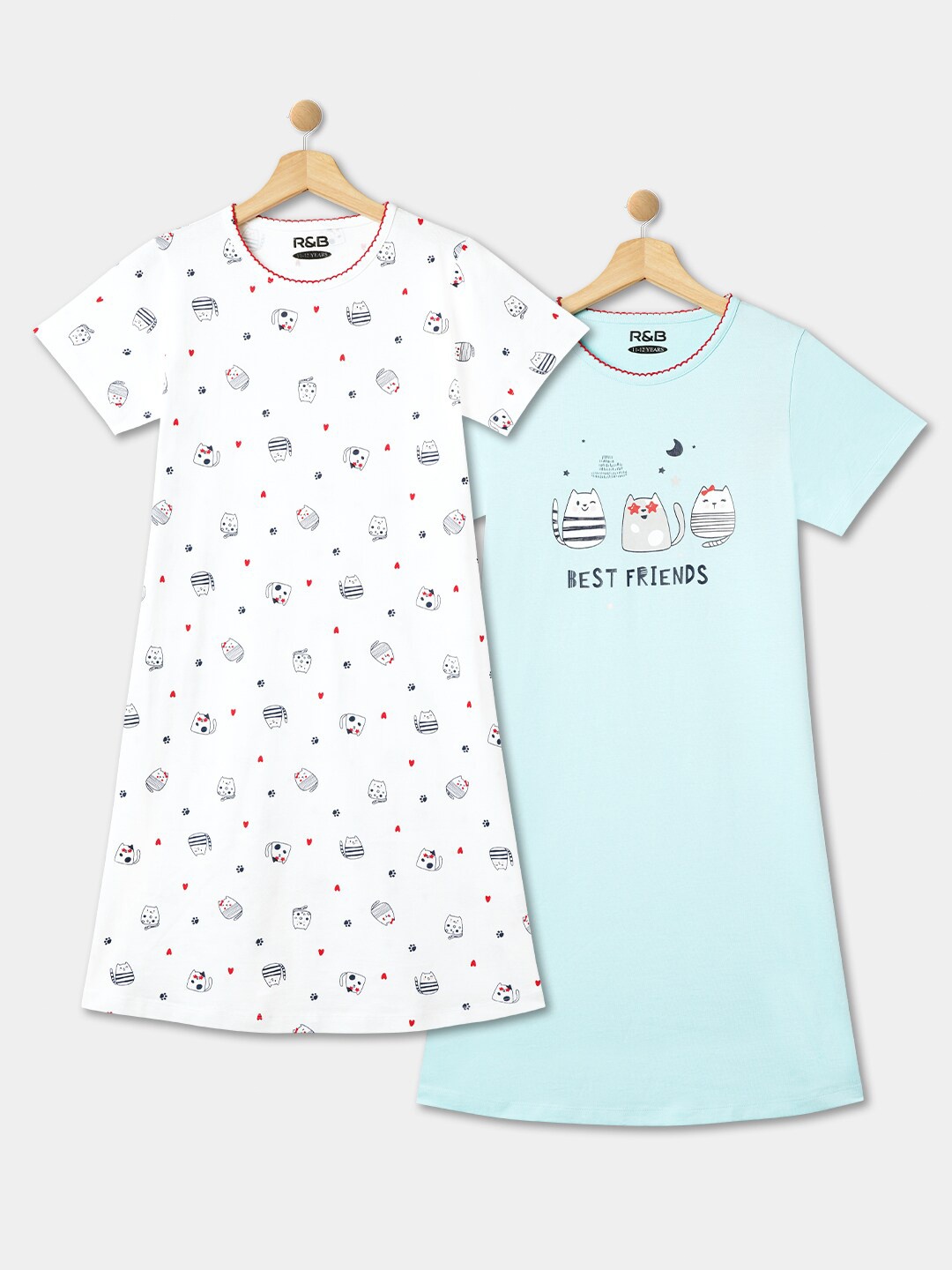 

R&B Girls Pack Of 2 Printed Pure Cotton Nightdress, White