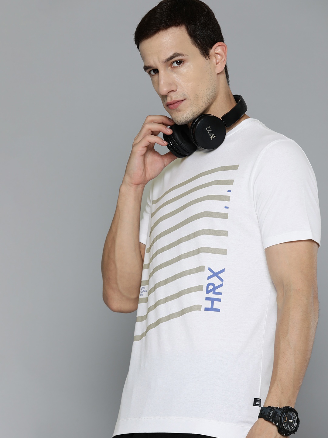 

HRX by Hrithik Roshan Men Striped Pure Cotton T-shirt, White