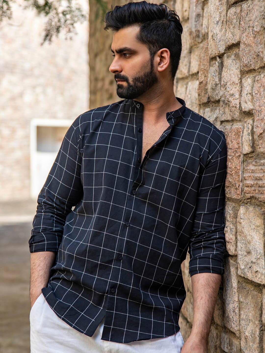 

INPE Comfort Slim Fit Windowpane Checked Cotton Casual Shirt, Black