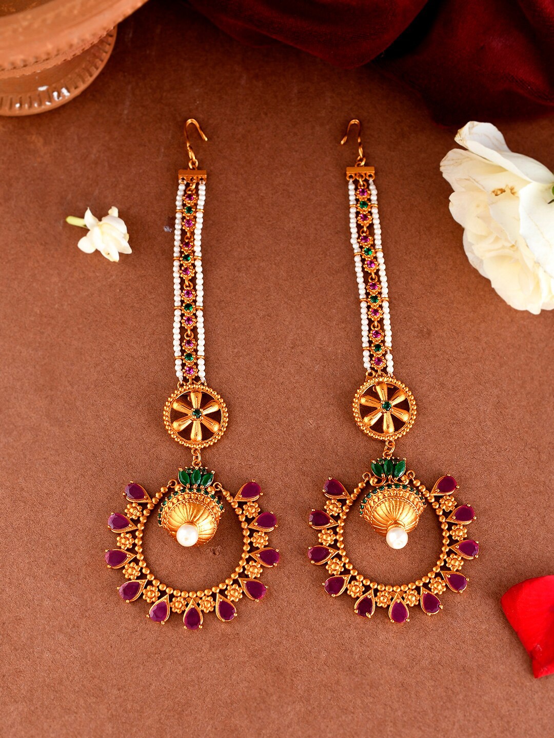 

Voylla Gold-Plated Artificial Stones Studded Contemporary Drop Earrings