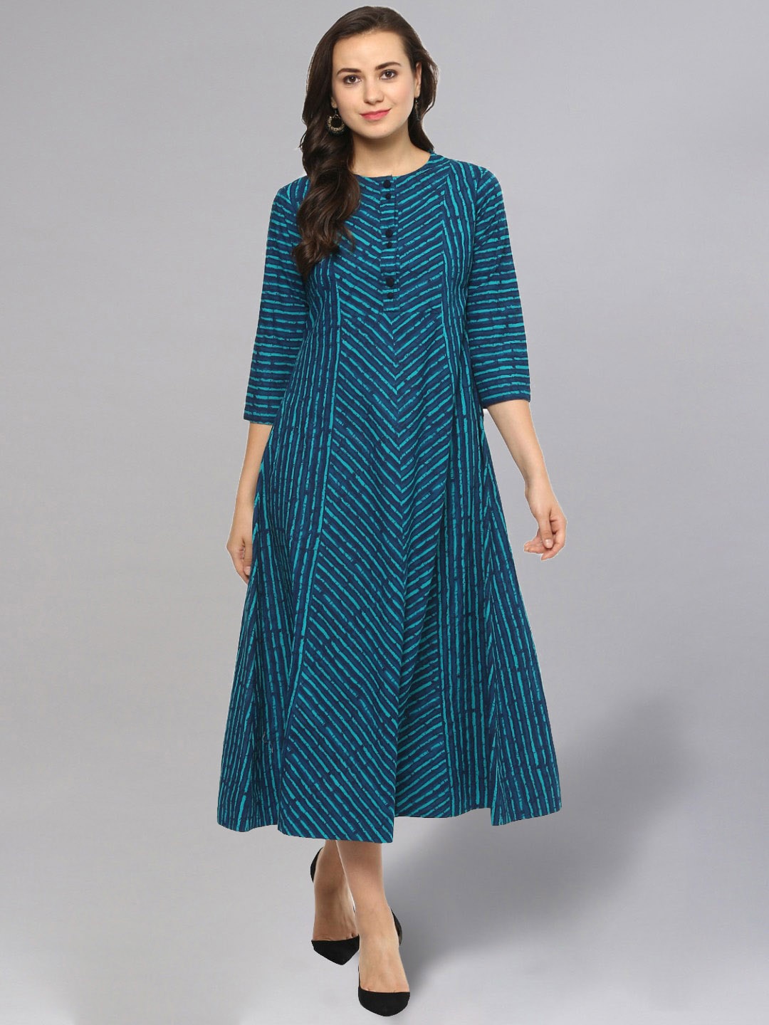 

Idalia Striped Cotton A-Line Ethnic Dress, Teal