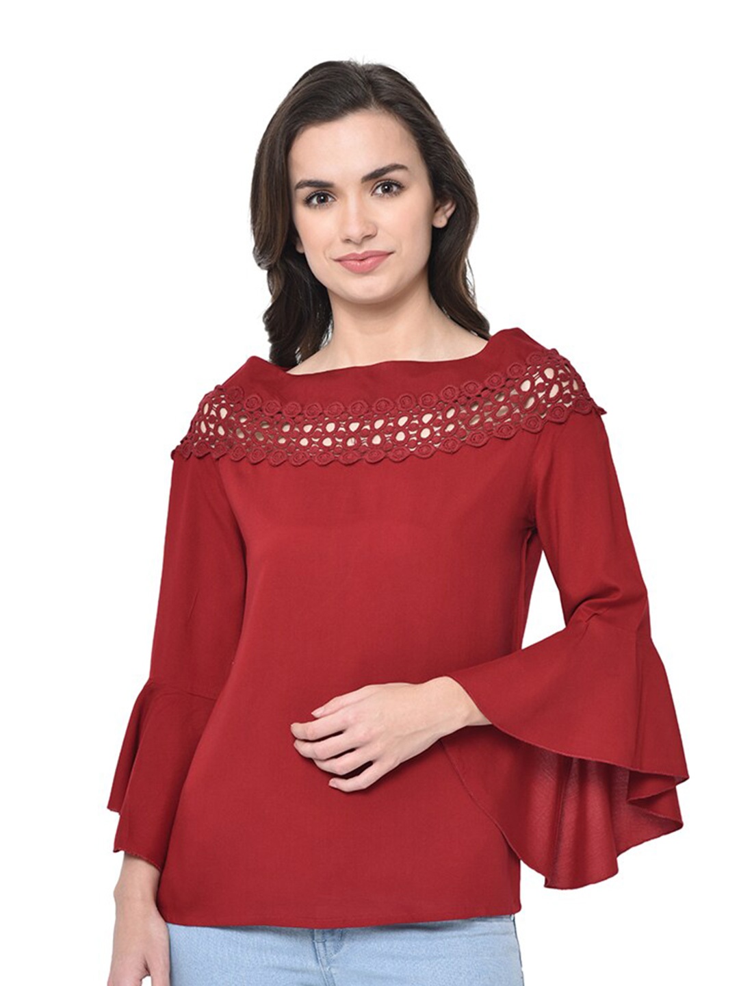 

GLITO Flared Sleeves Lace Up Top, Maroon