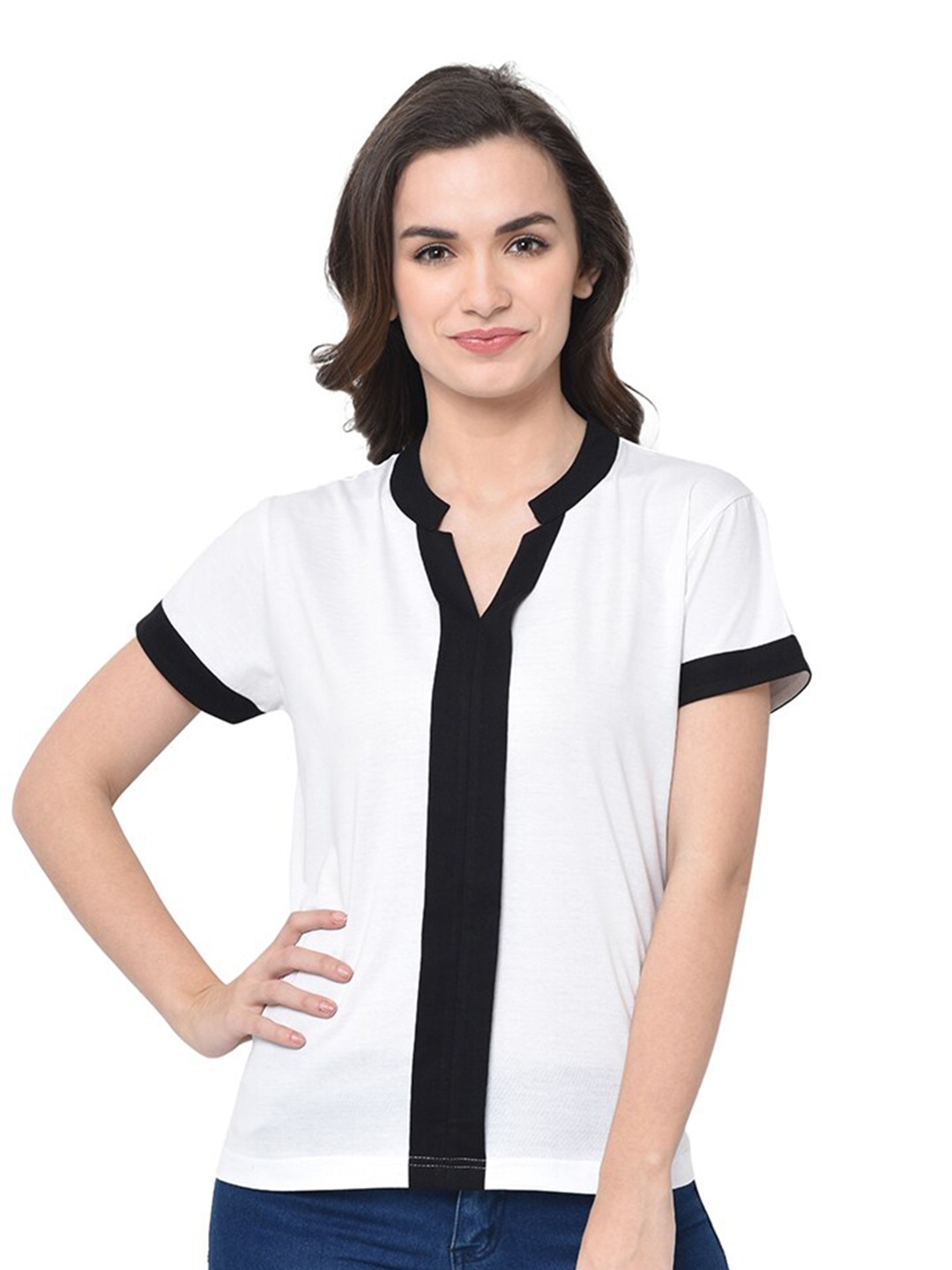 

GLITO Striped V-Neck Cotton Shirt Style Top, Black