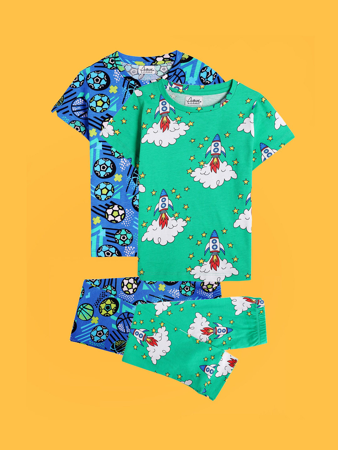 

Anthrilo Boys Pack Of 2 Printed Pure Cotton Night Suits AN26776N, Green