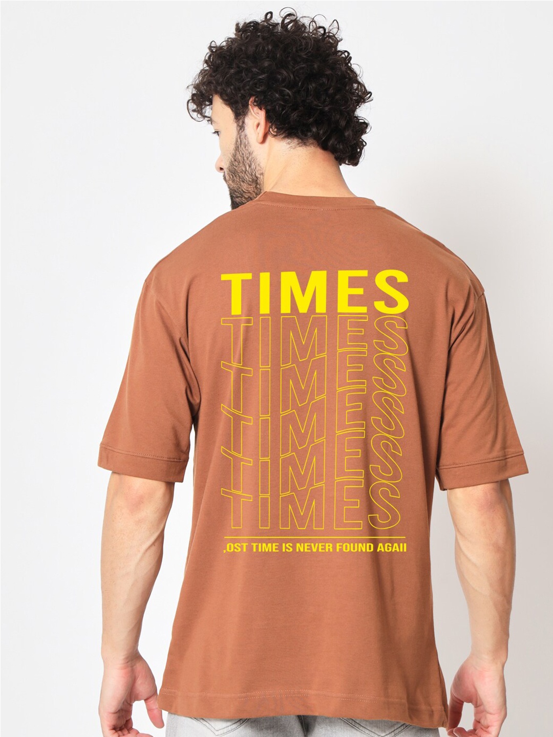 

Imsa Moda Typography Printed Knitted Cotton Oversized T-shirt, Coffee brown