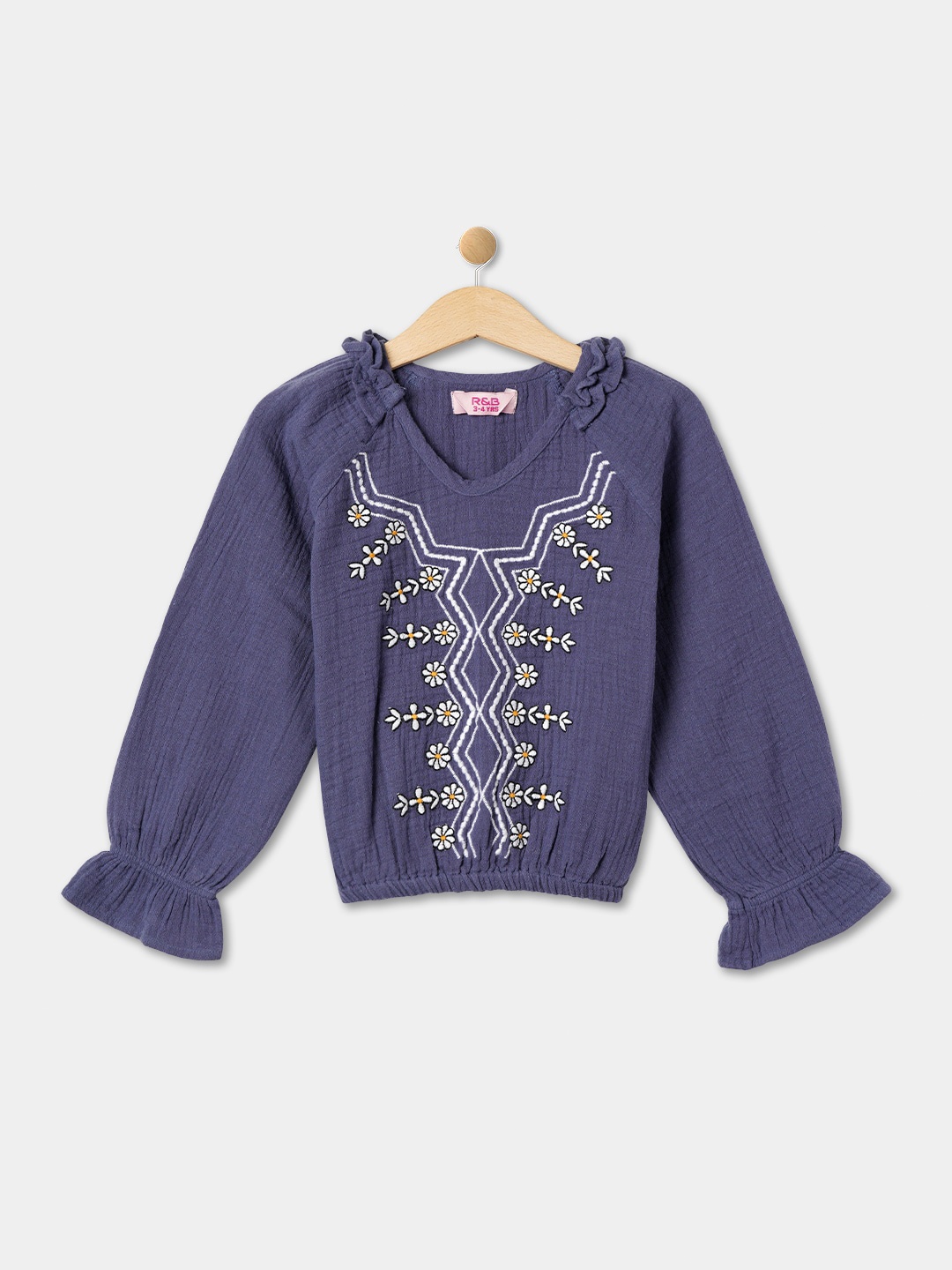 

R&B Blue Floral Embroidered Puff Sleeves Cotton Blouson Top