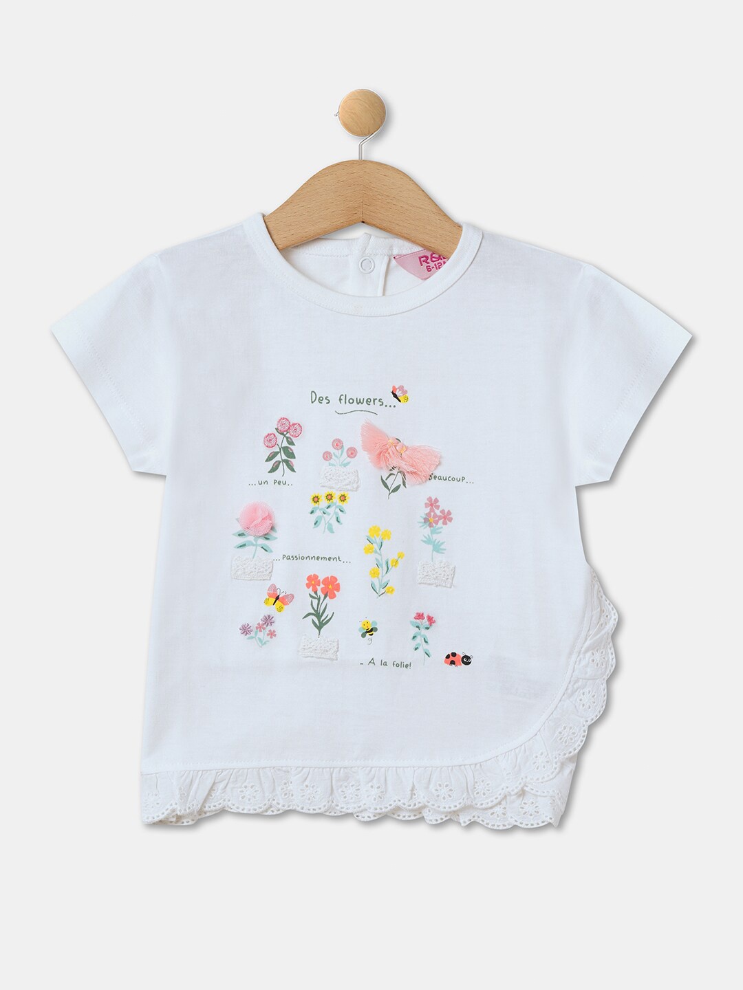

R&B Girls Graphic Printed Applique Detail Cotton Top, White