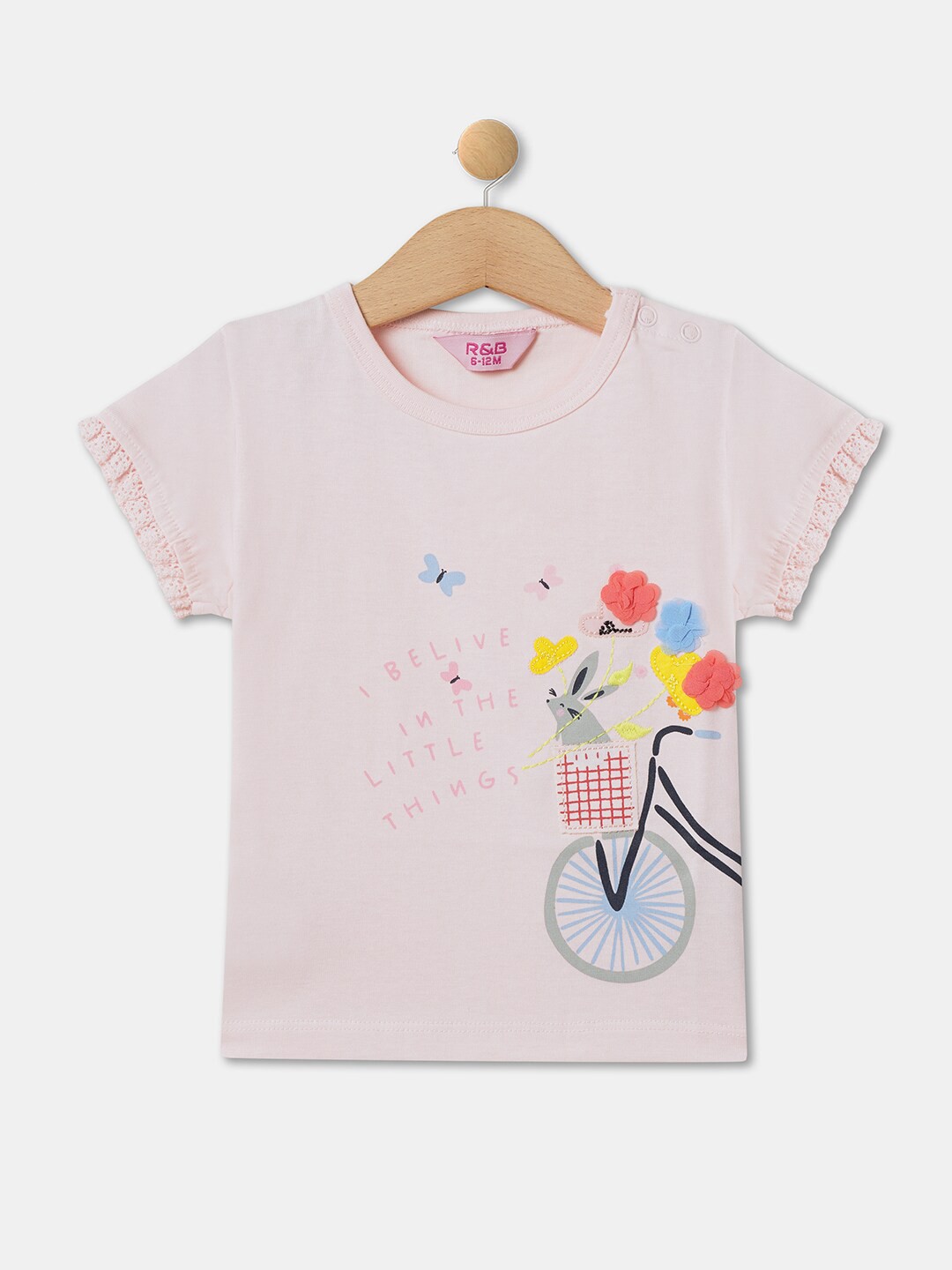 

R&B Girls Graphic Printed Applique Detail Cotton Top, Pink