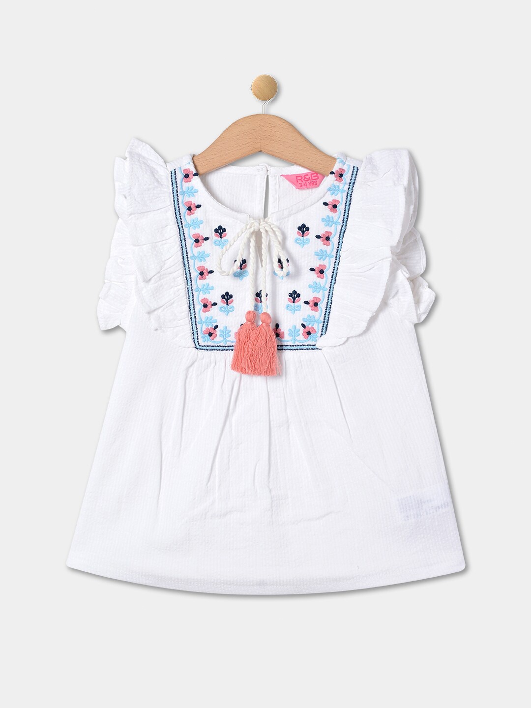 

R&B Girls Floral Embroidered Tie-Up Neck Cotton Top, White