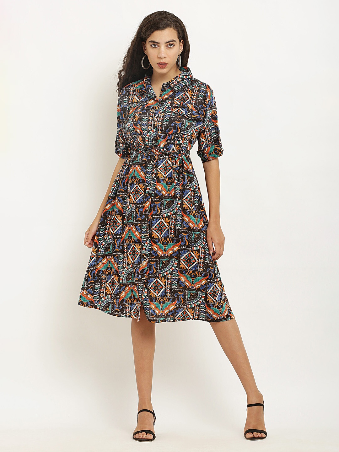 

borse lele Ethnic Motifs Printed Cuban Shirt Collar Cotton Shirt Dress, Brown