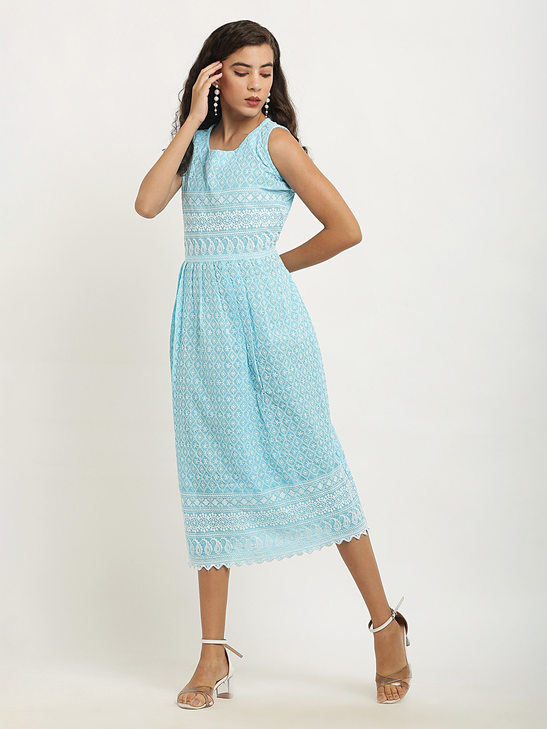 

borse lele Chikankari Embroidered Scallop Hem Cotton A-Line Midi Dress, Turquoise blue