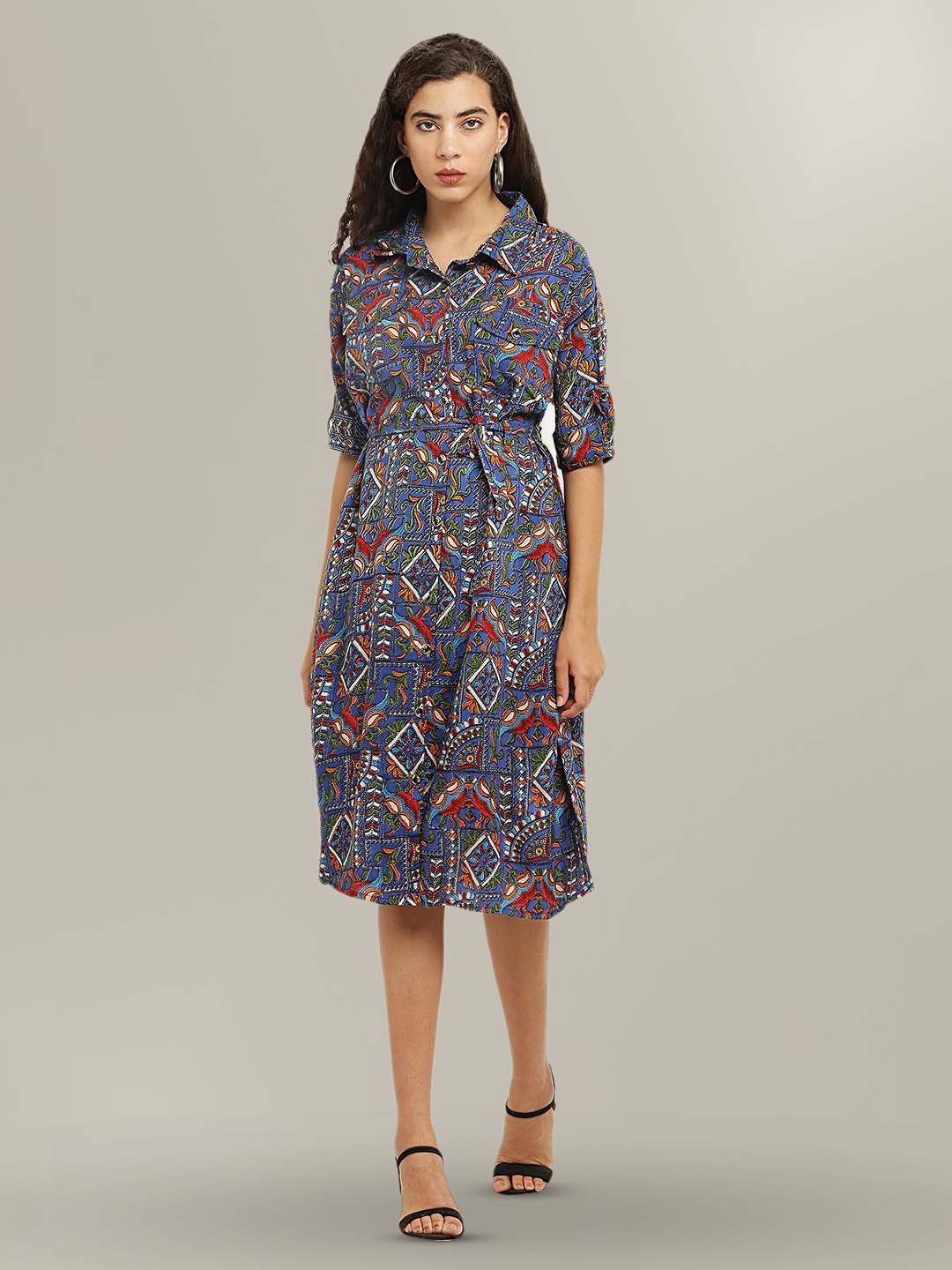 

borse lele Ethnic Motifs Printed Cuban Shirt Collar Cotton Shirt Dress, Turquoise blue