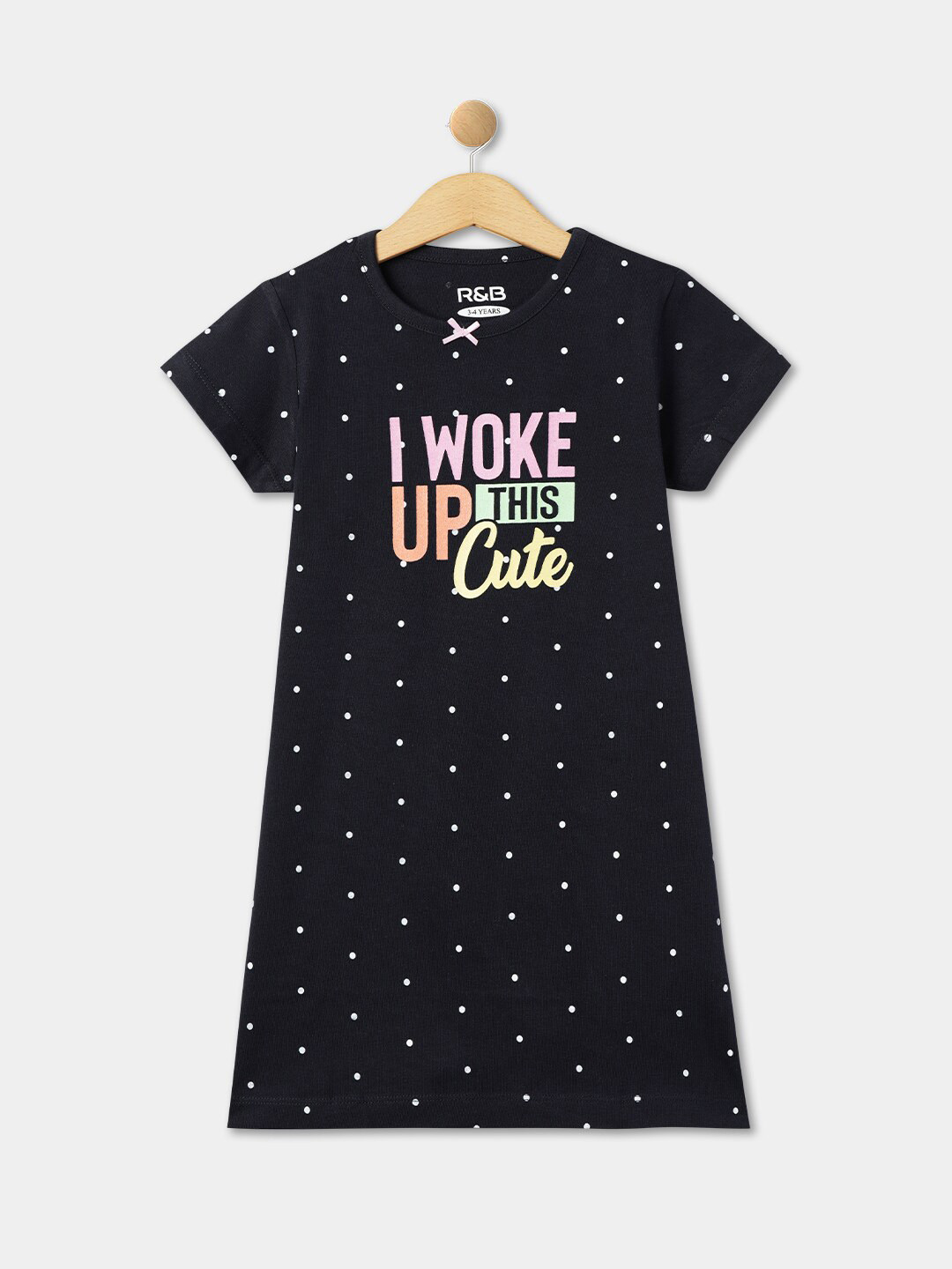 

R&B Girls Polka Dot Printed Longline Cotton T-shirt, Black