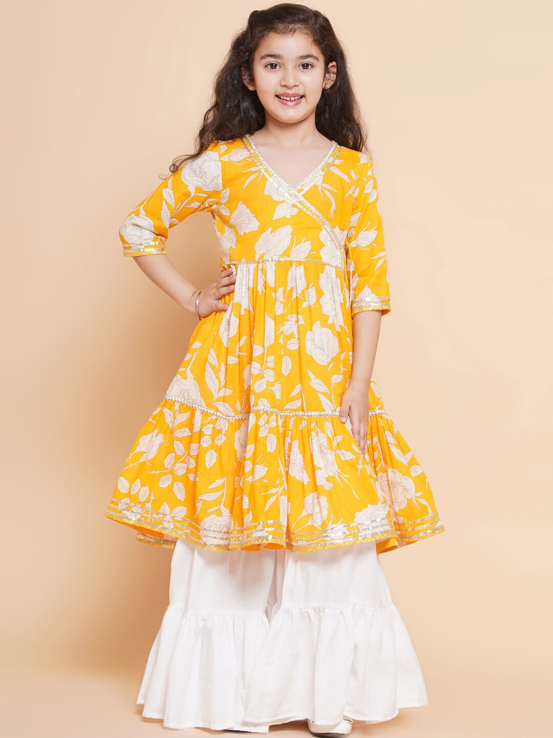 

Bitiya by Bhama Girls Floral Printed Angrakha Gotta Patti Pure Cotton Kurta with Sharara, Yellow