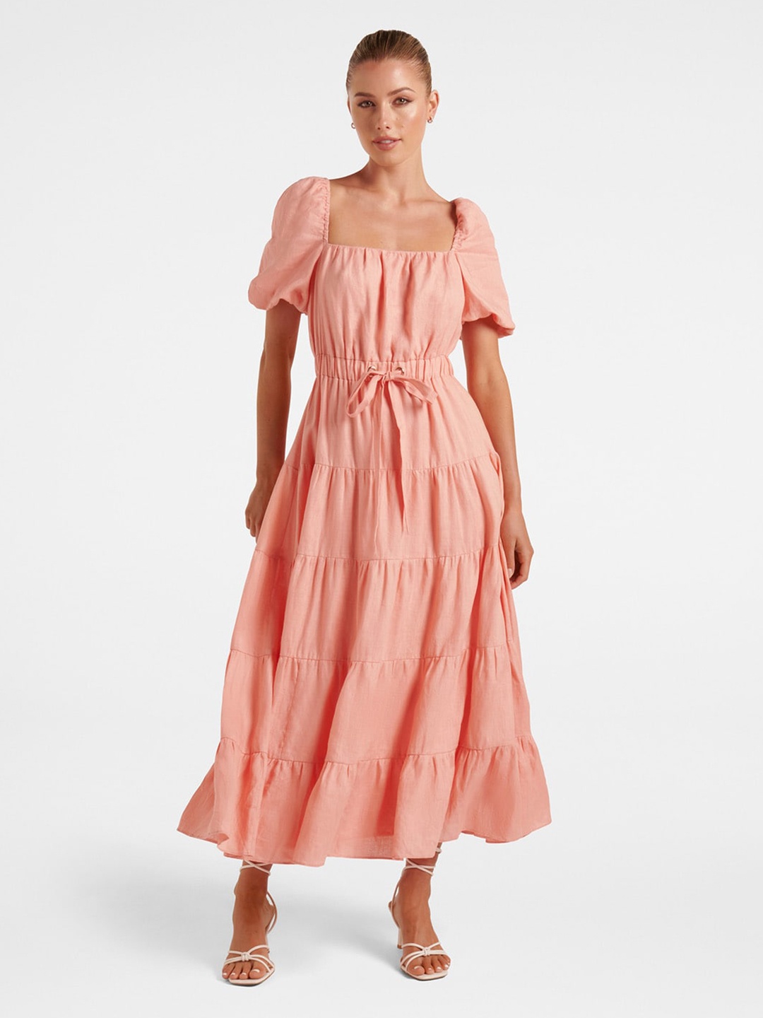 

Forever New Square Neck Puff Sleeves Pure Linen Tiered Fit & Flare Midi Dress, Peach