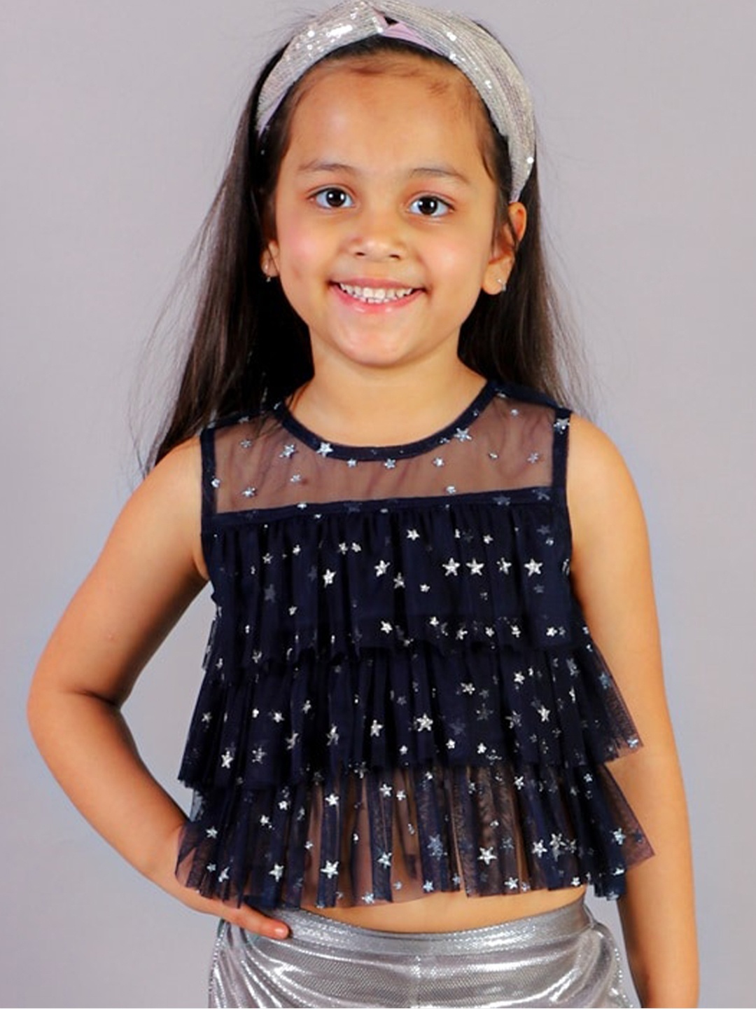 

LIL DRAMA Embellished Ruffled Net Top, Navy blue