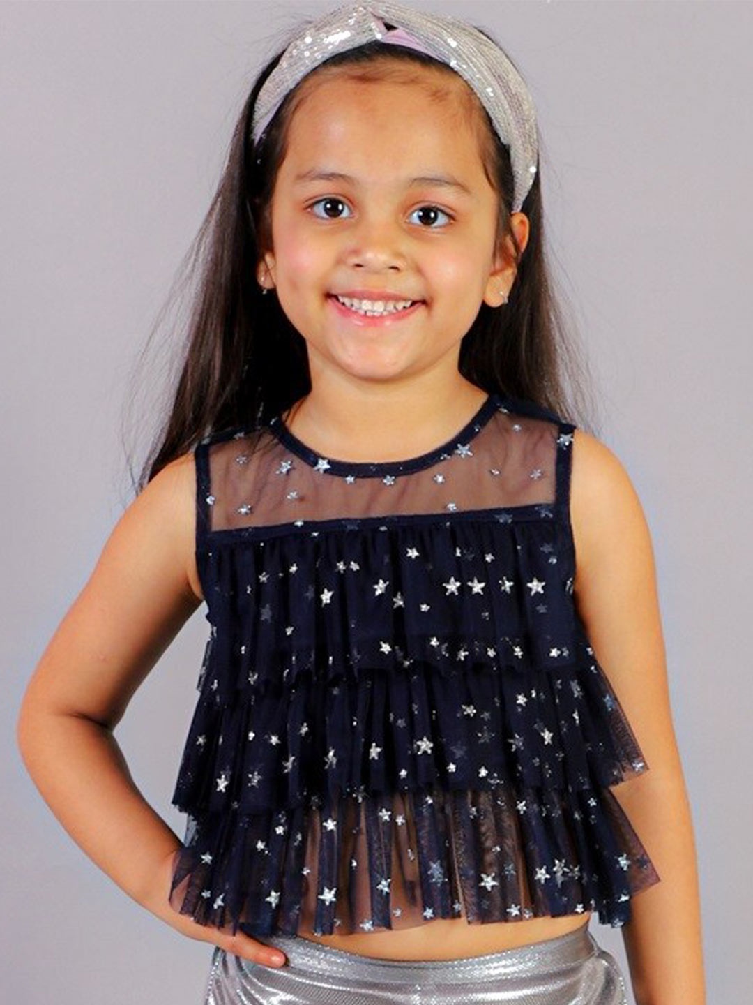 

LIL DRAMA Embellished Ruffled Net Top, Navy blue