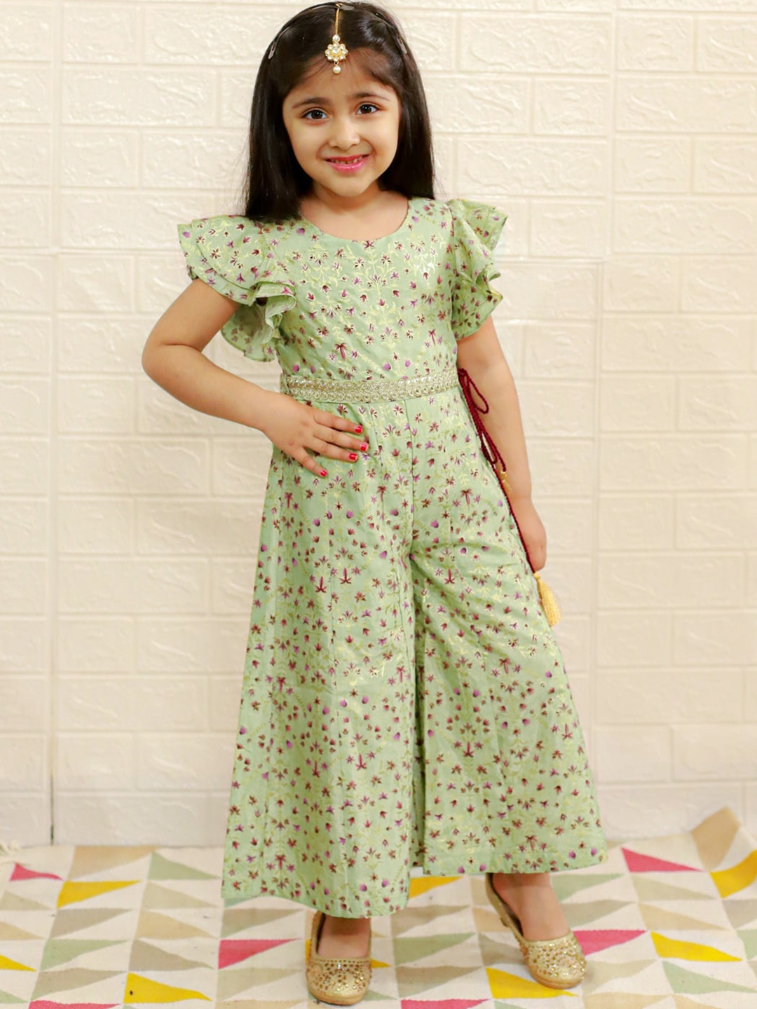 

LIL DRAMA Girls Floral Printed Basic Jumpsuit, Green