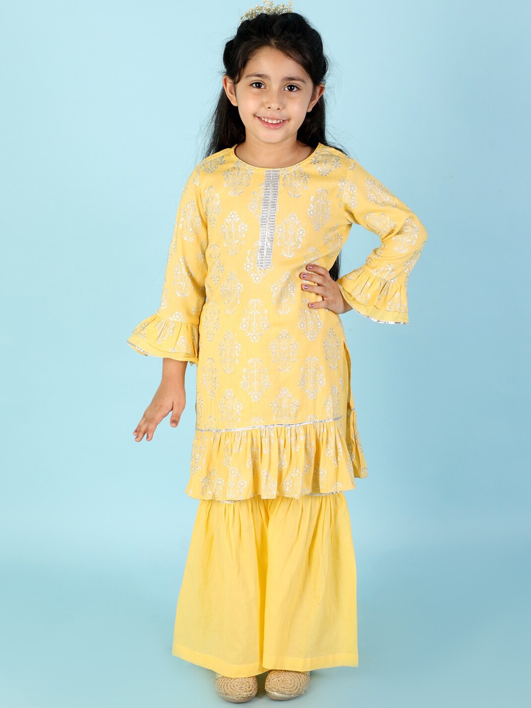 

LIL DRAMA Girls Ethnic Motifs Printed Regular Pure Cotton Kurta with Sharara, Yellow