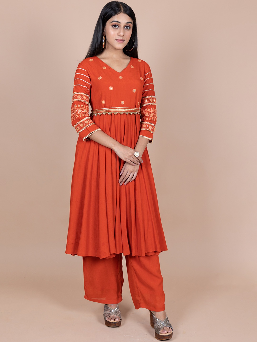 

HERE&NOW Rust Colour Embroidered Gotta Patti Anarkali Kurta & Palazzos With Dupatta
