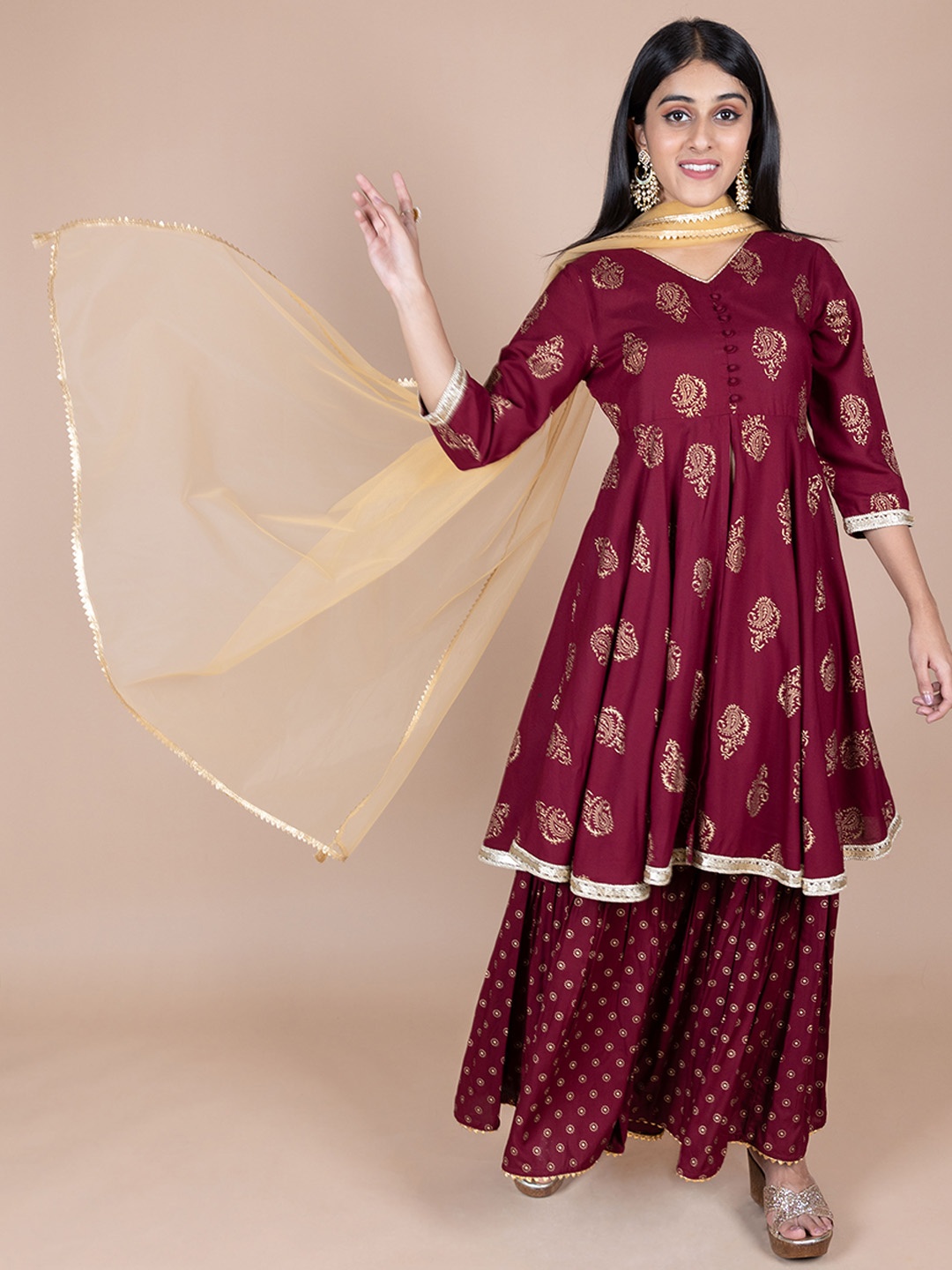 

HERE&NOW Violet & Gold Ethnic Printed Anarkali Kurta with Sharara with Dupatta, Maroon