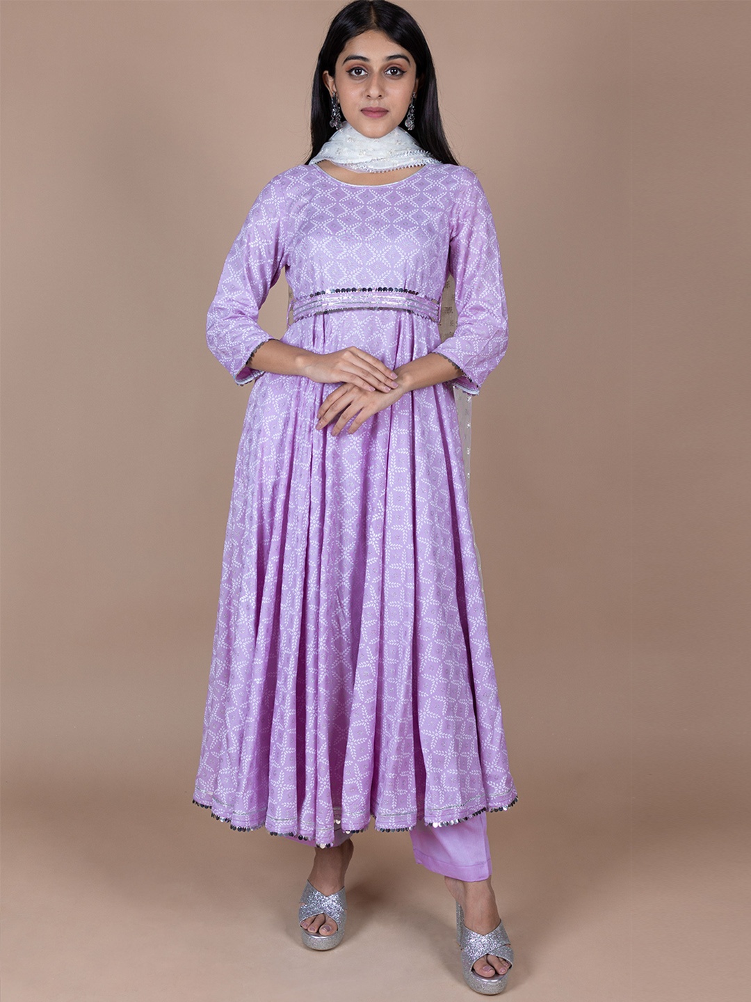 

HERE&NOW Lavender & White Ethnic Printed Anarkali Kurta with Trousers