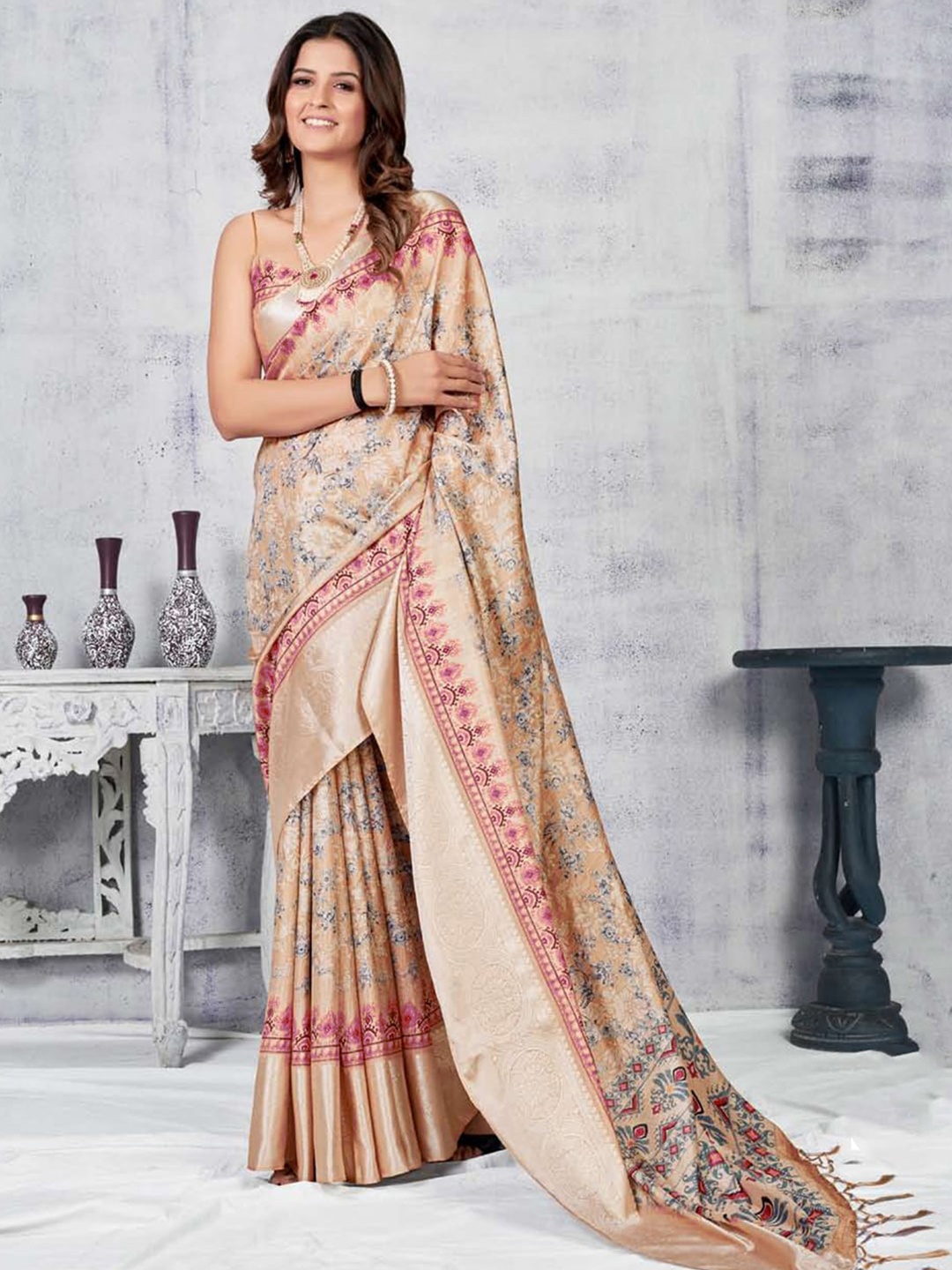

Mitera Brown & Magenta Floral Printed Zari Saree