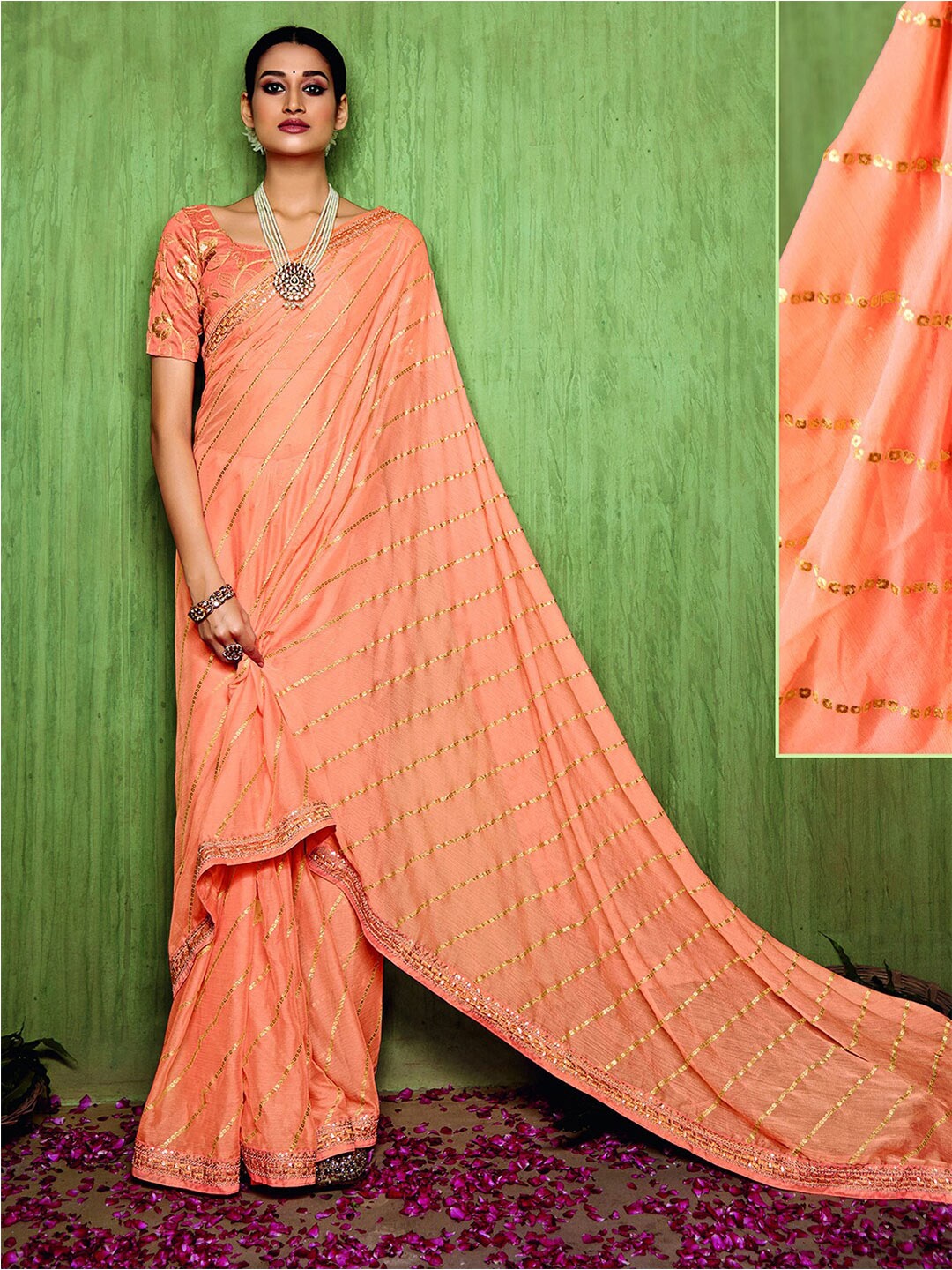 

Mitera Peach-Color & Gold-Toned Striped Embellished Zari Saree