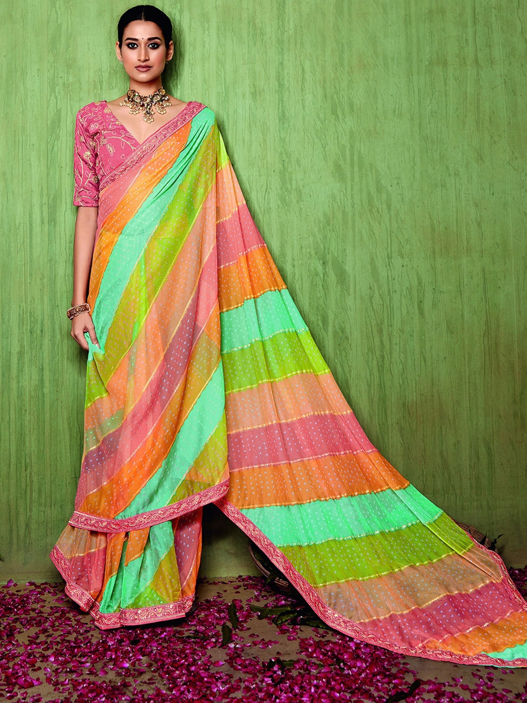 

Mitera Pink & Orange Striped Embroidered Bandhani Saree