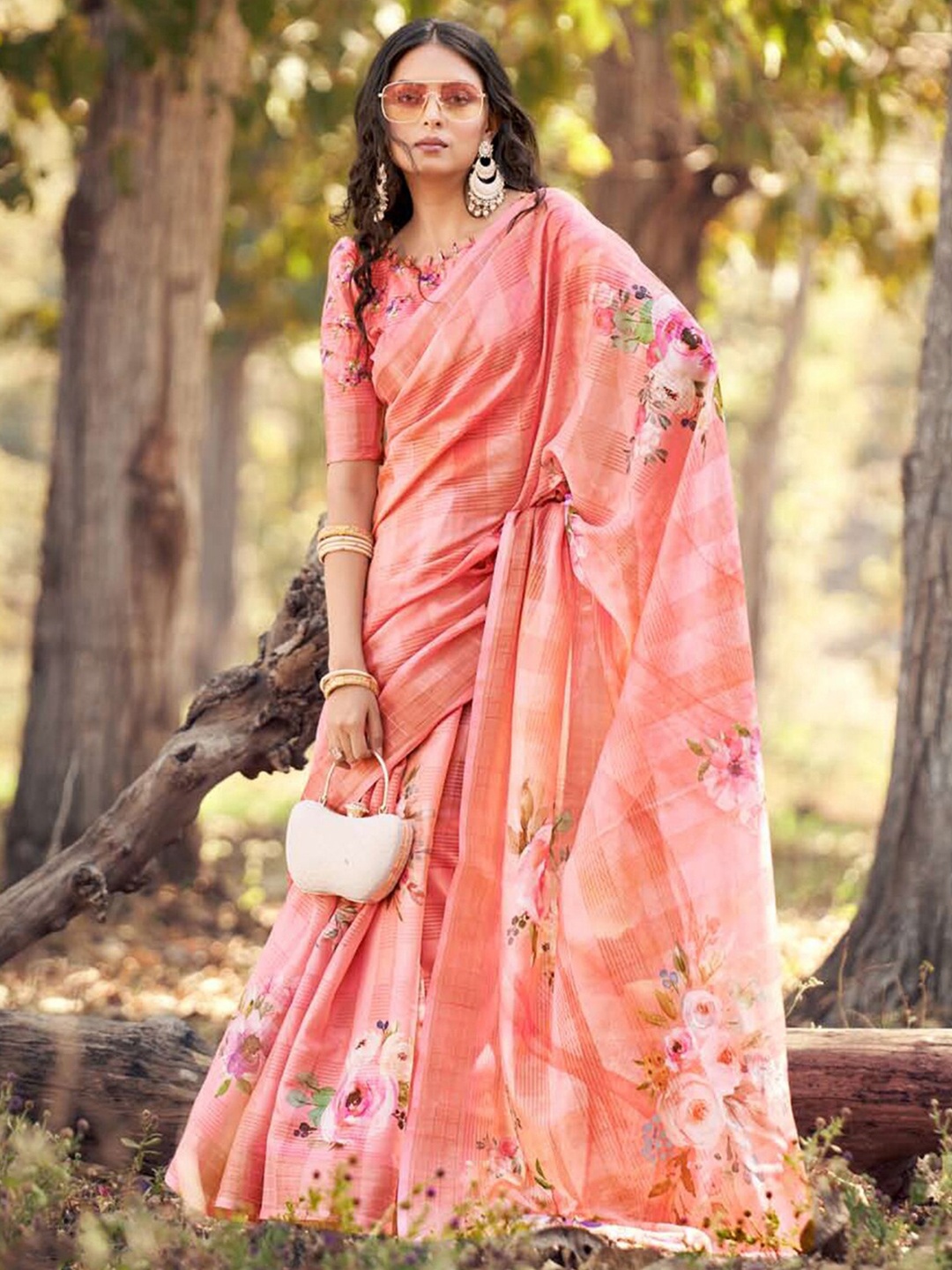 

Mitera Peach-Coloured & Green Floral Printed Zari Saree