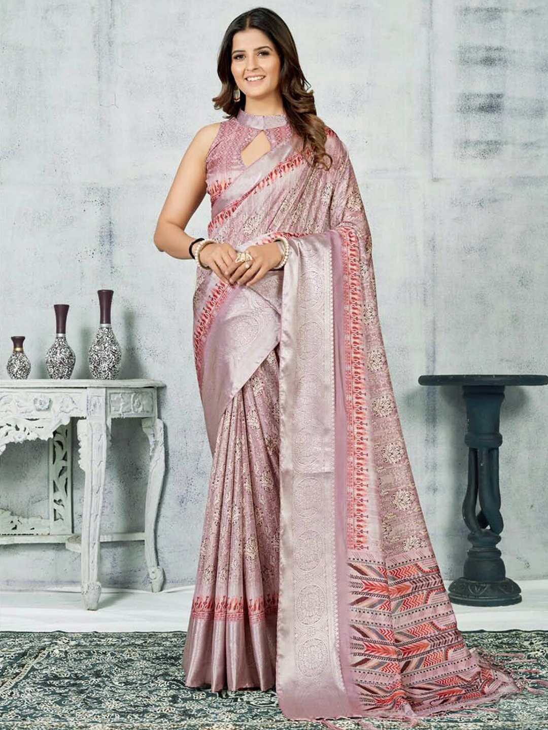 

Mitera Floral Printed Zari Saree, Taupe