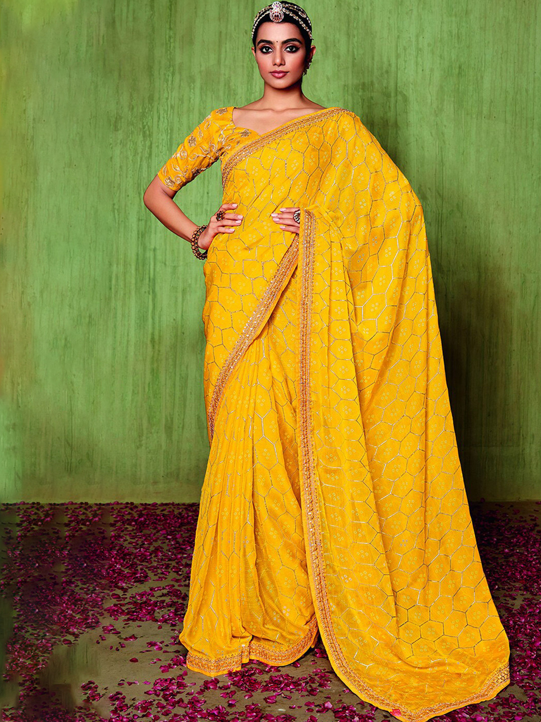 

Mitera Yellow & Red Bandhani Embroidered Sequinned Bandhani Saree