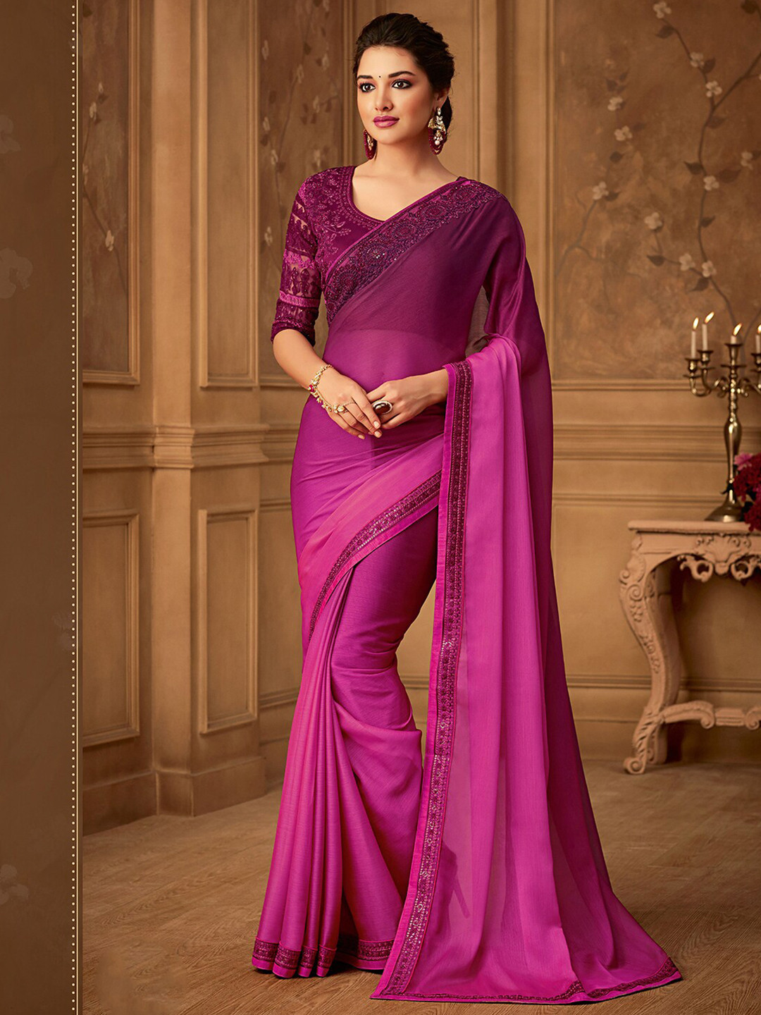 

Mitera Pink Ombre Embroidered Poly Chiffon Saree