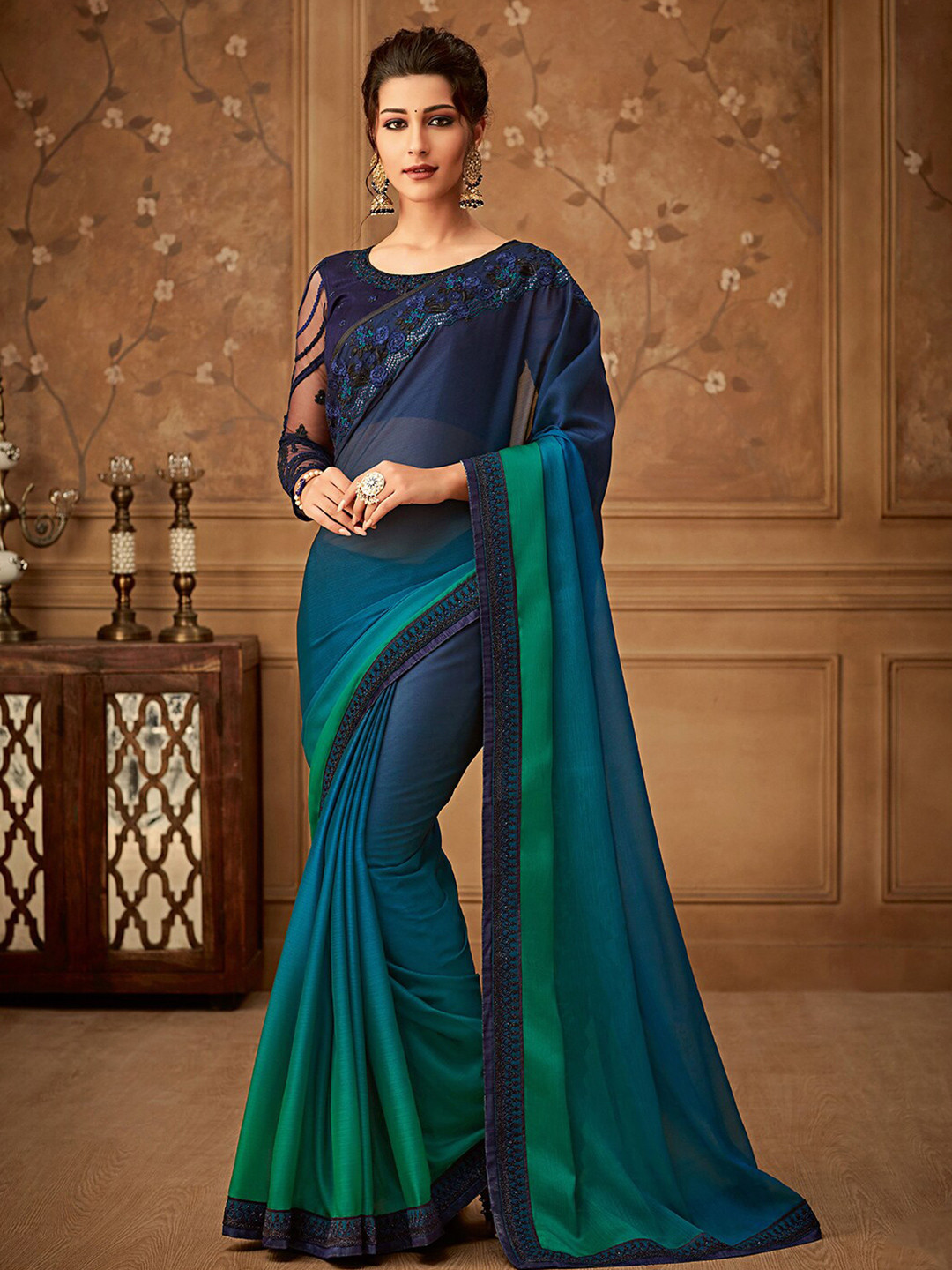 

Mitera Green & Navy Blue Ombre Embroidered Poly Chiffon Saree