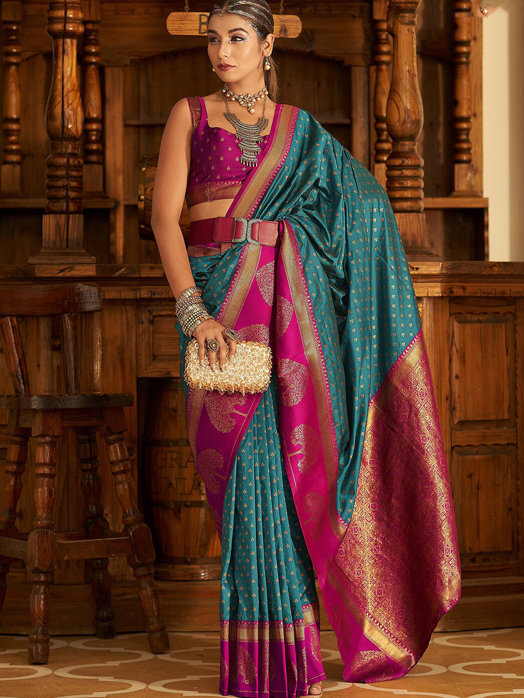 

Mitera Green & Pink Woven Design Zari Art Silk Banarasi Saree